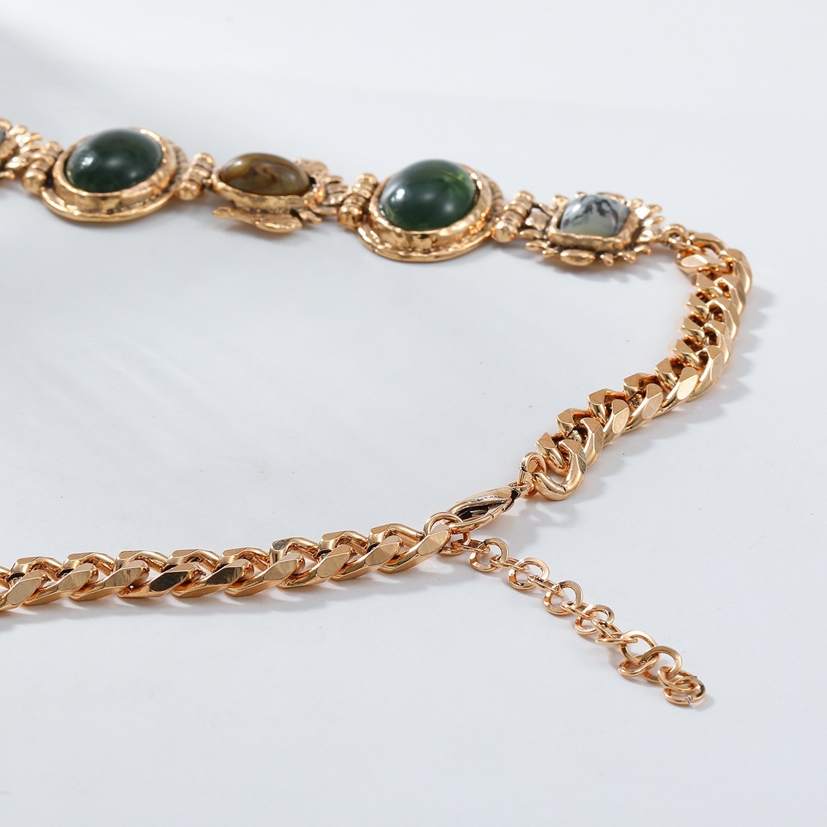 Vintage Glam Green stone Tiger Eye Choker Gold Victorian Statement Necklace gift