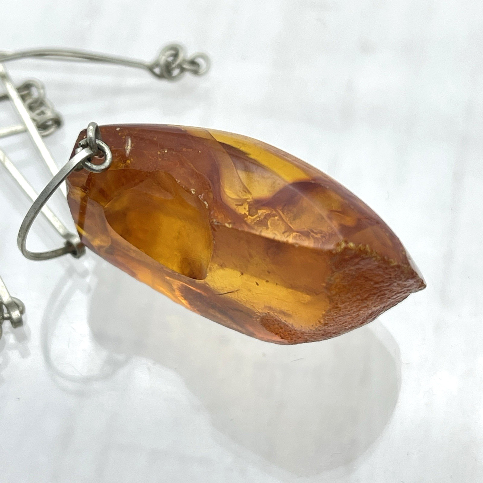 Genuine Baltic Amber Pendant Necklace Vintage Modernist Artisan Wire Chain Honey