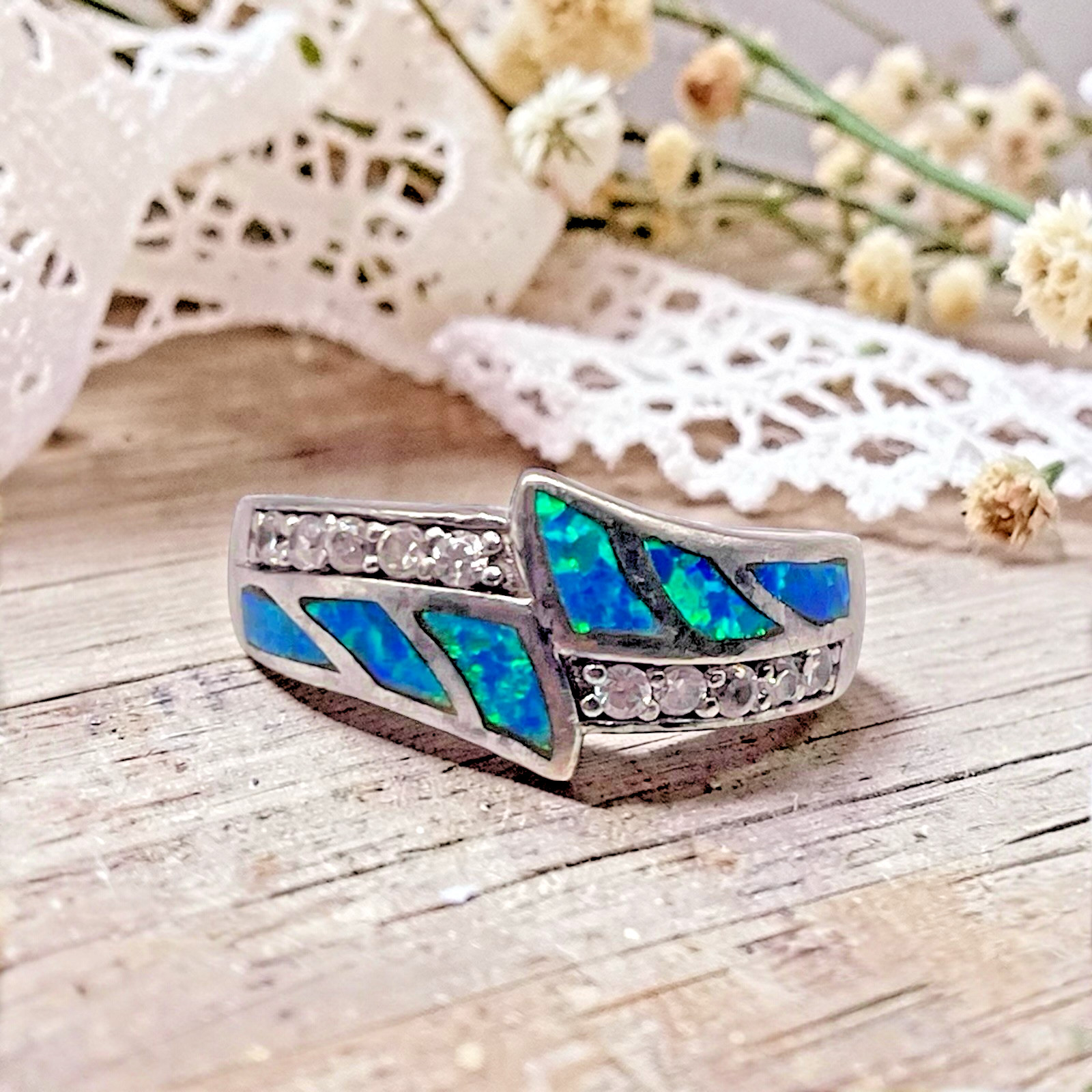 Blue Fire Opal with CZ Accents 925 Sterling Band Ring, size 8.25