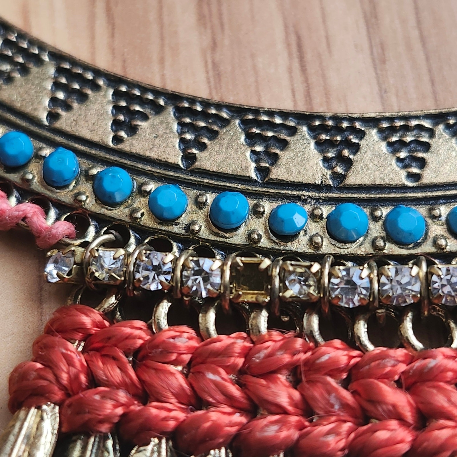 Boho Tribal Bib Fringe Statement Necklace Turquoise Beads Rhinestones Gold Tone