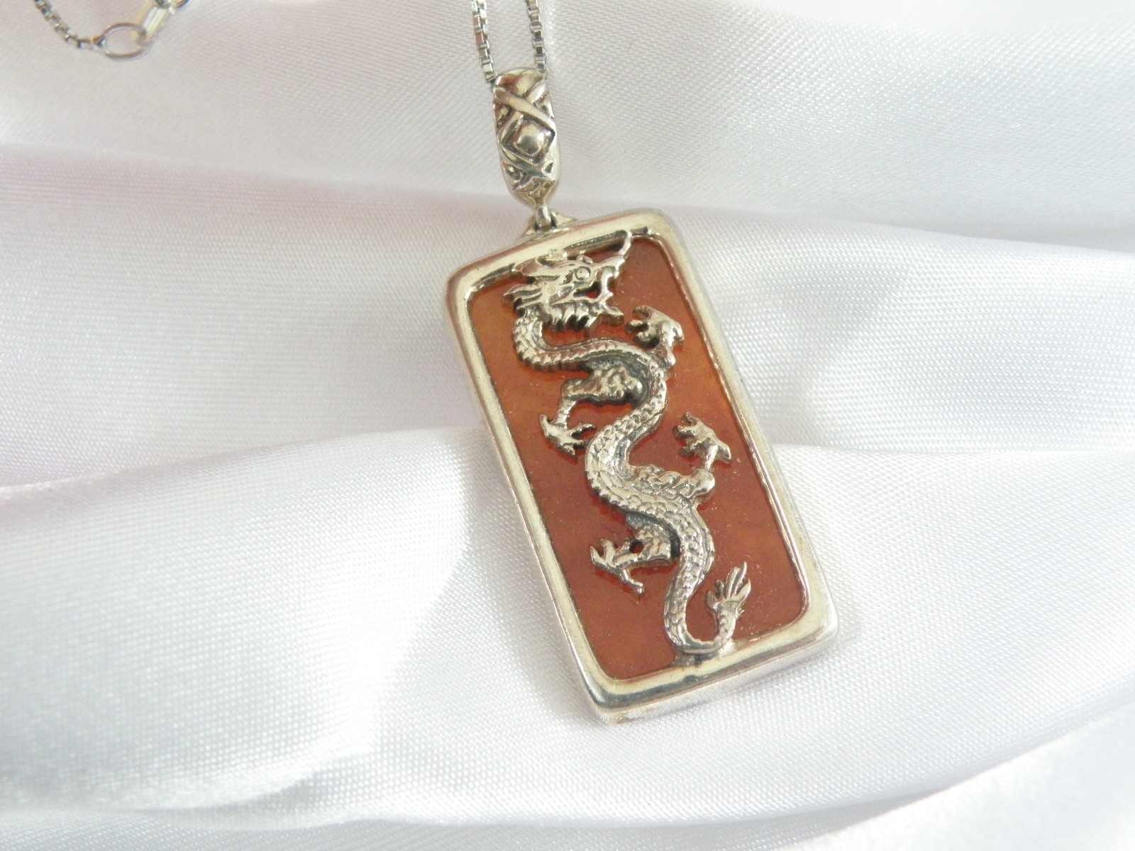 Vintage Sterling Silver 925 Red Jade Asian Dragon Pendant Necklace