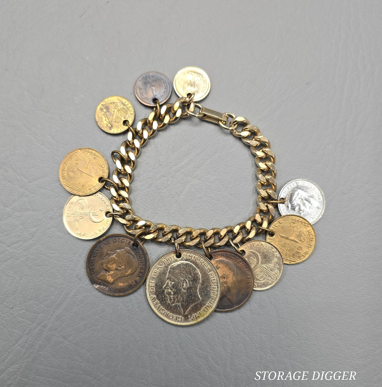 Vintage World Coins Charm Bracelet, Gold Tone Curb Link Chain, Fold Over Closure