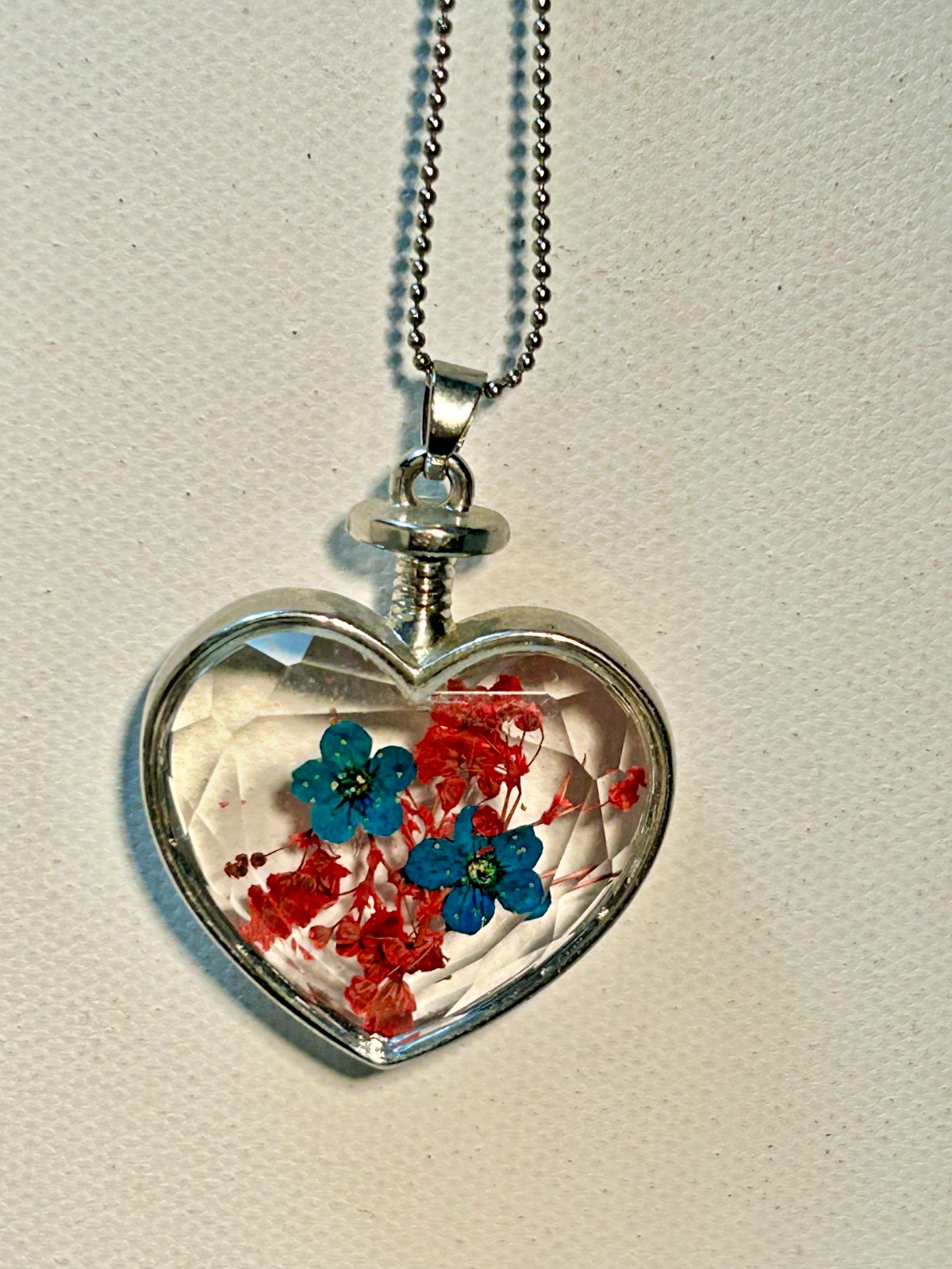 Vintage Heart Pendant Necklace Blue and Red Pressed Flowers