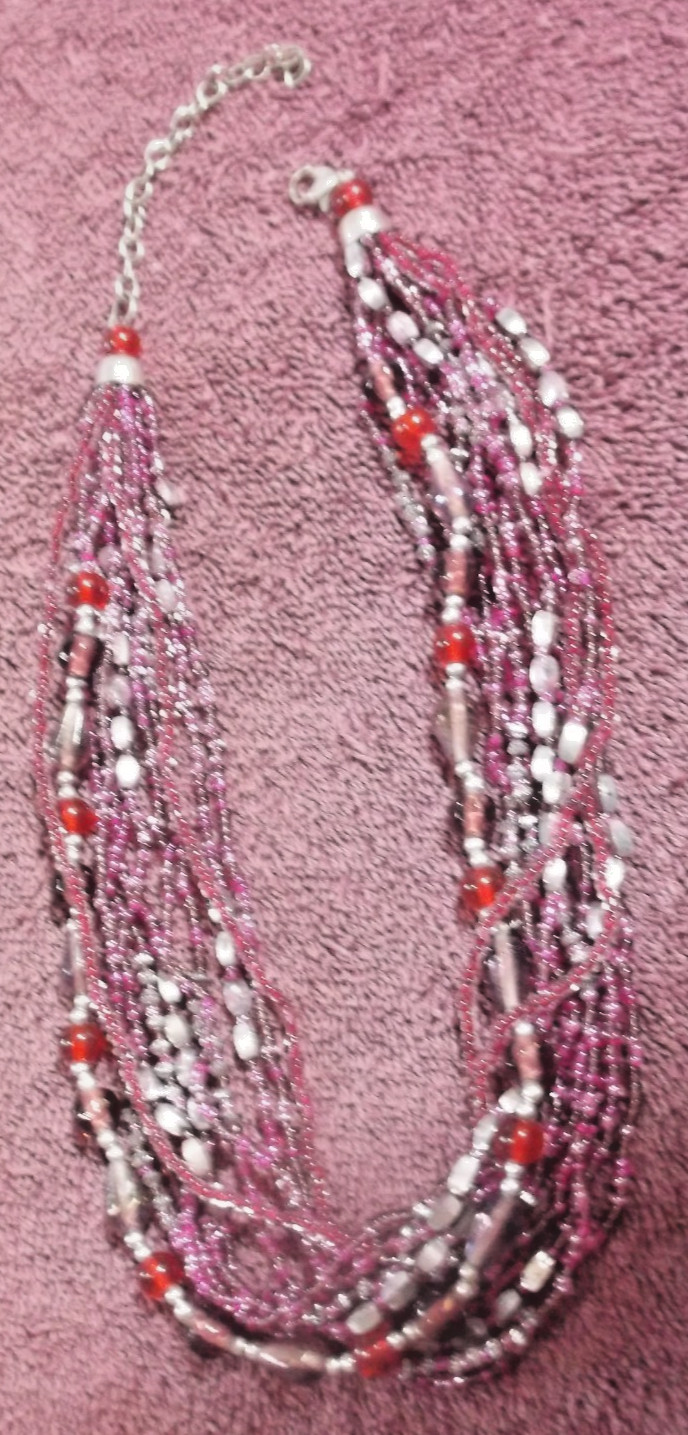 Vintage Multi Strand Silvertone/Pink/Purple/Red Beaded Necklace ~ 20″