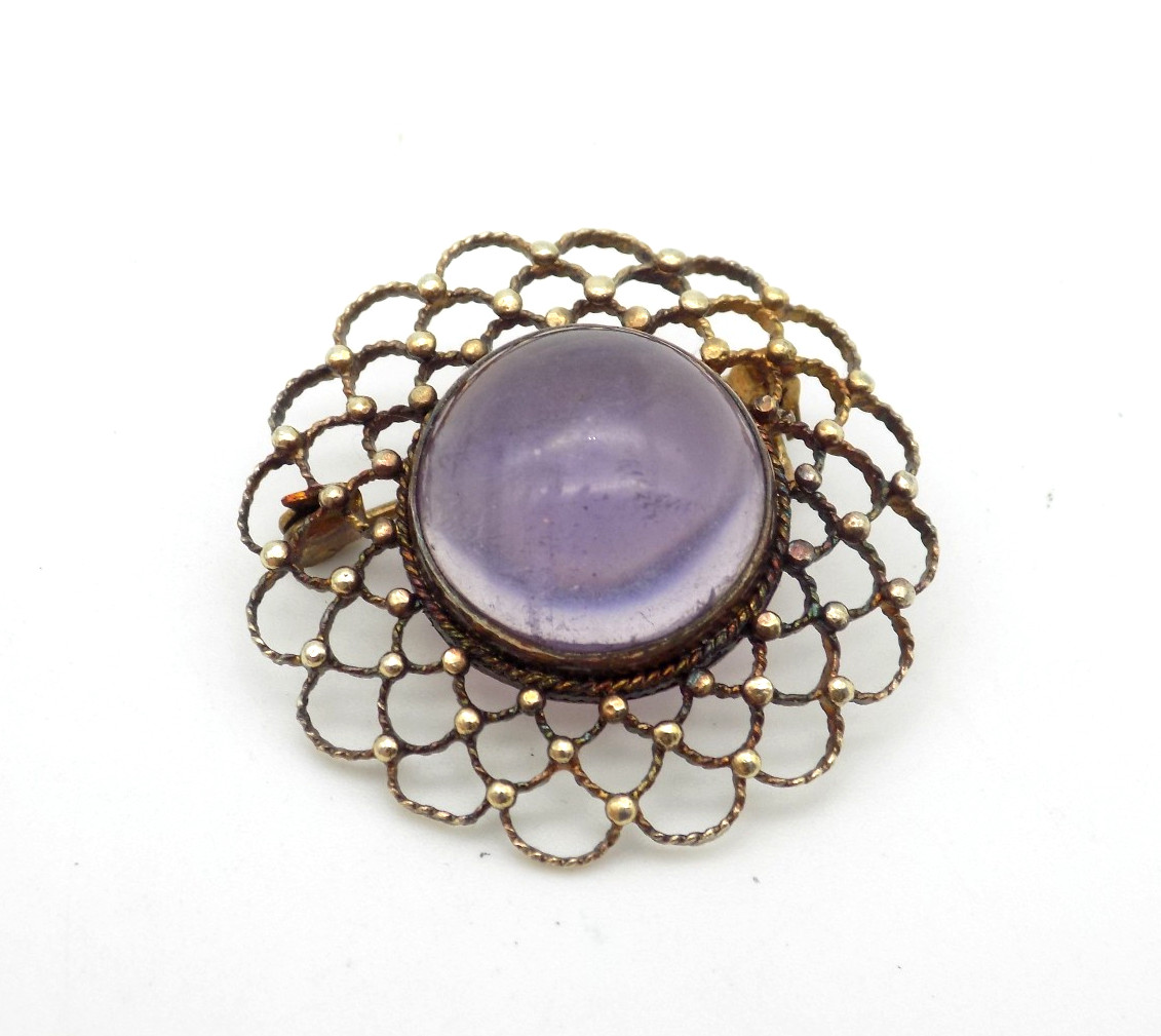 Sterling Silver Purple Amethyst Cabochon Brooch Ornate Woven Gold Vermeil