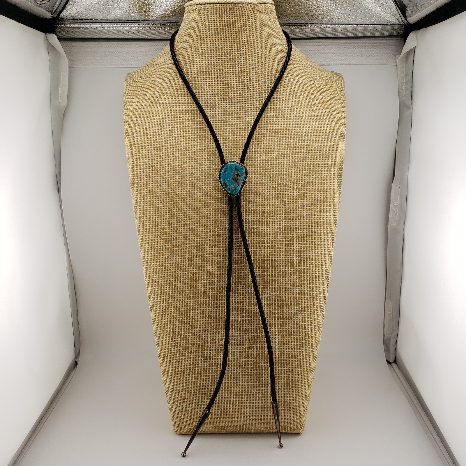 Vintage Turquoise Bolo Tie Sterling Silver Bezel Native American Signed S