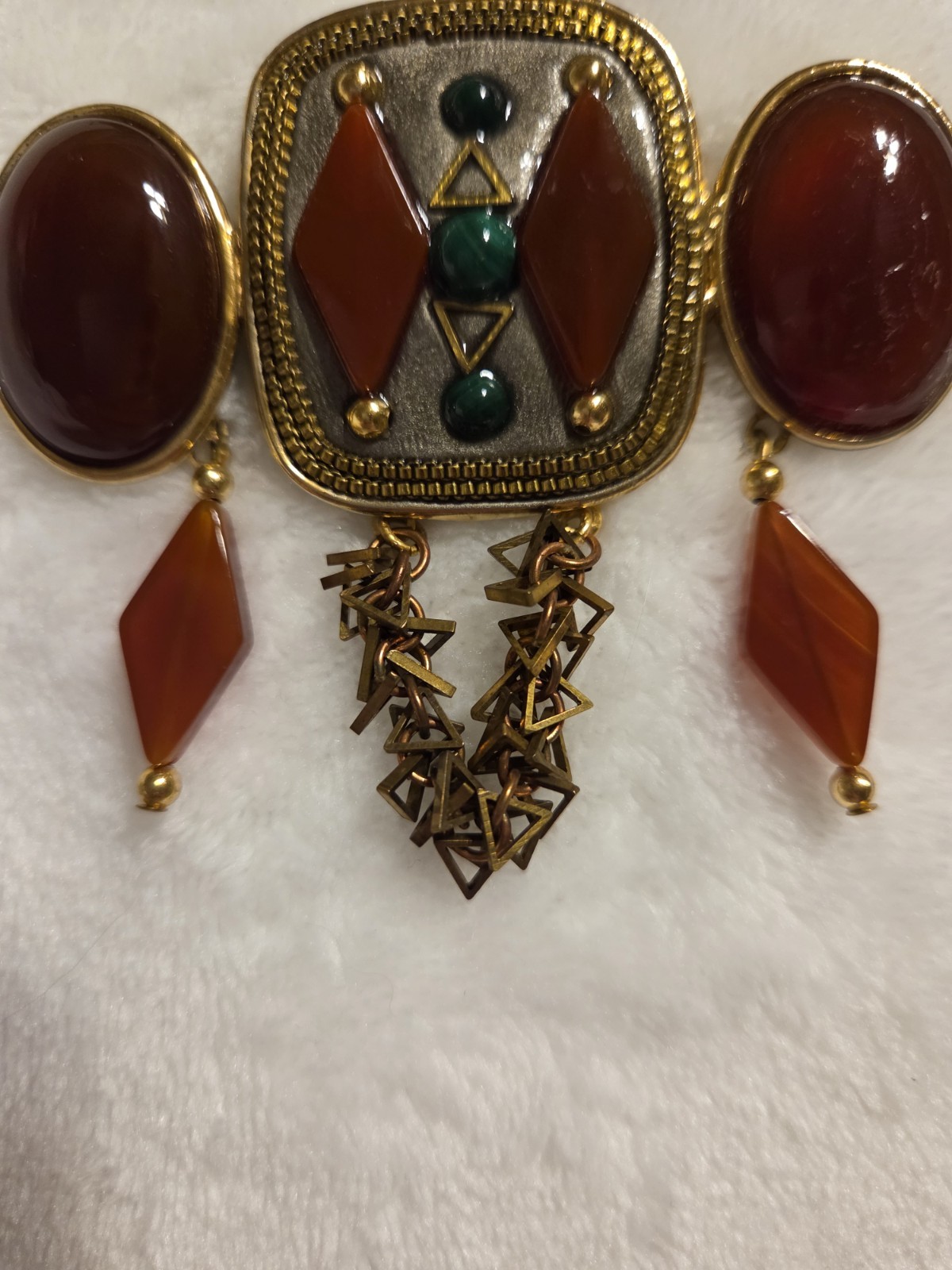 Eurasian Semi-precious Artisan Carnelian Cabochon Brooch & Matching Earrings