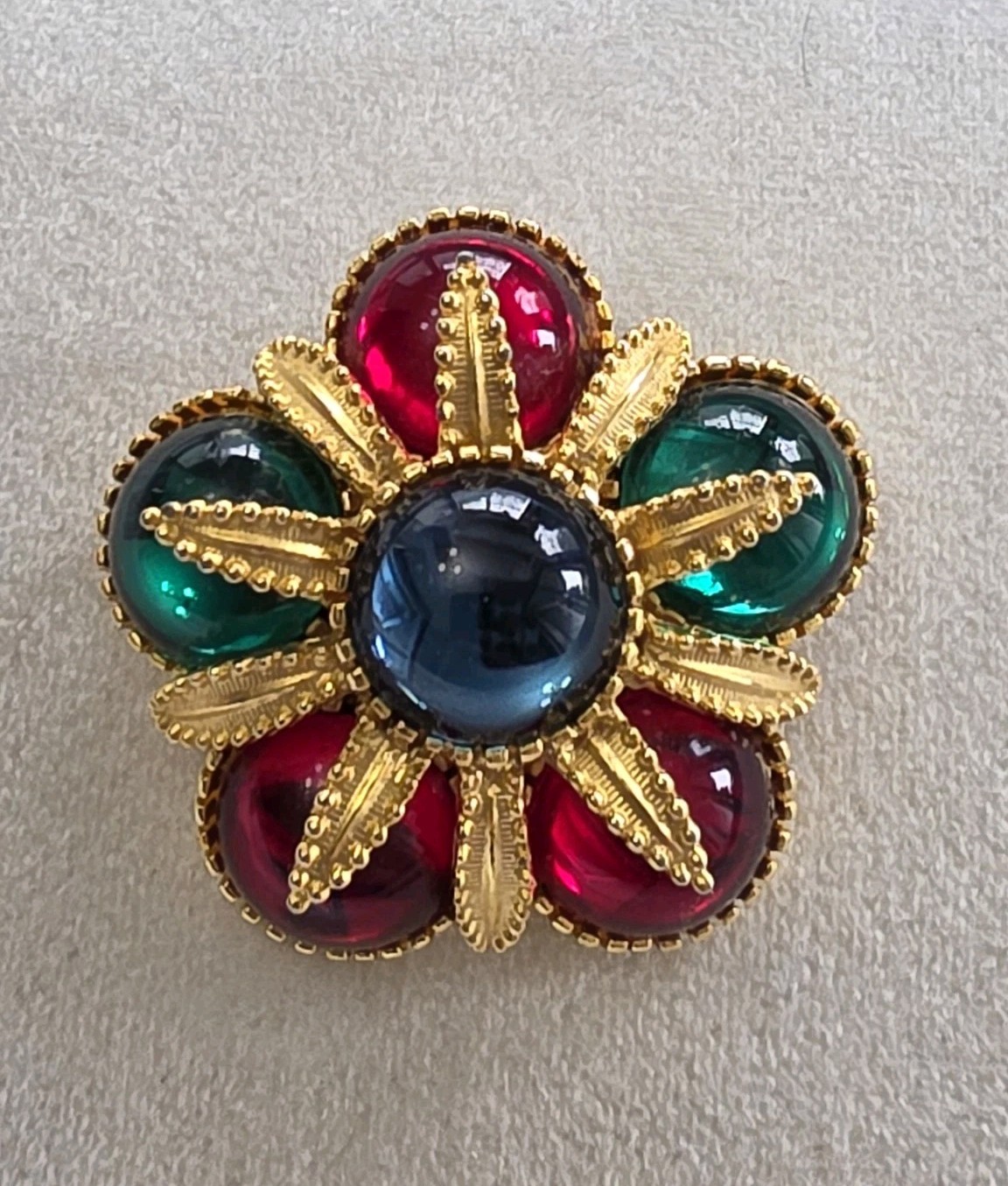 Vintage Signed Sphinx Multicolor Mughal Gripoix Glass Cabochon Floral Brooch 2”