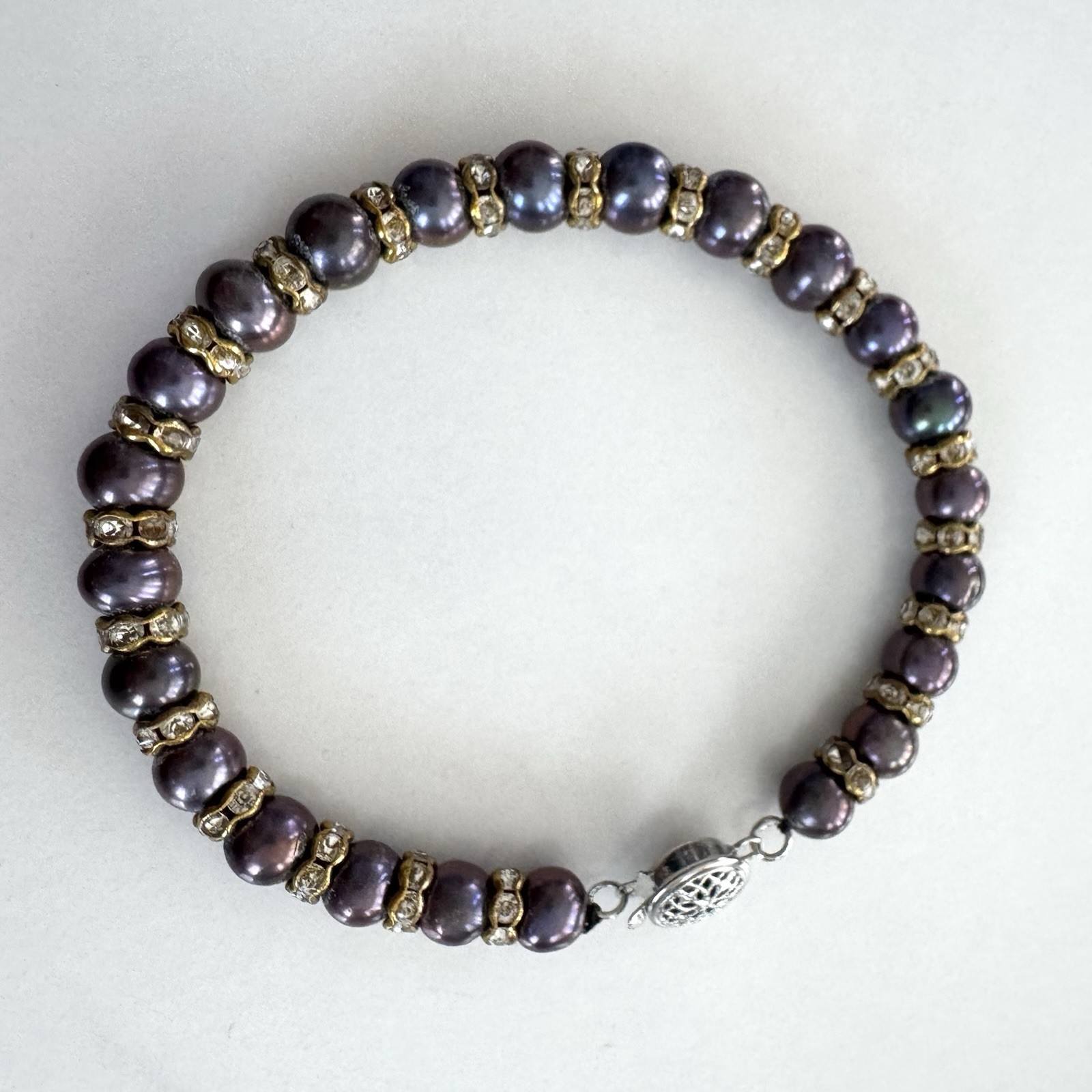 VTG Freshwater Pearl Bracelet Peacock Purple Rhinestone Rondelles Box Clasp 7.5”