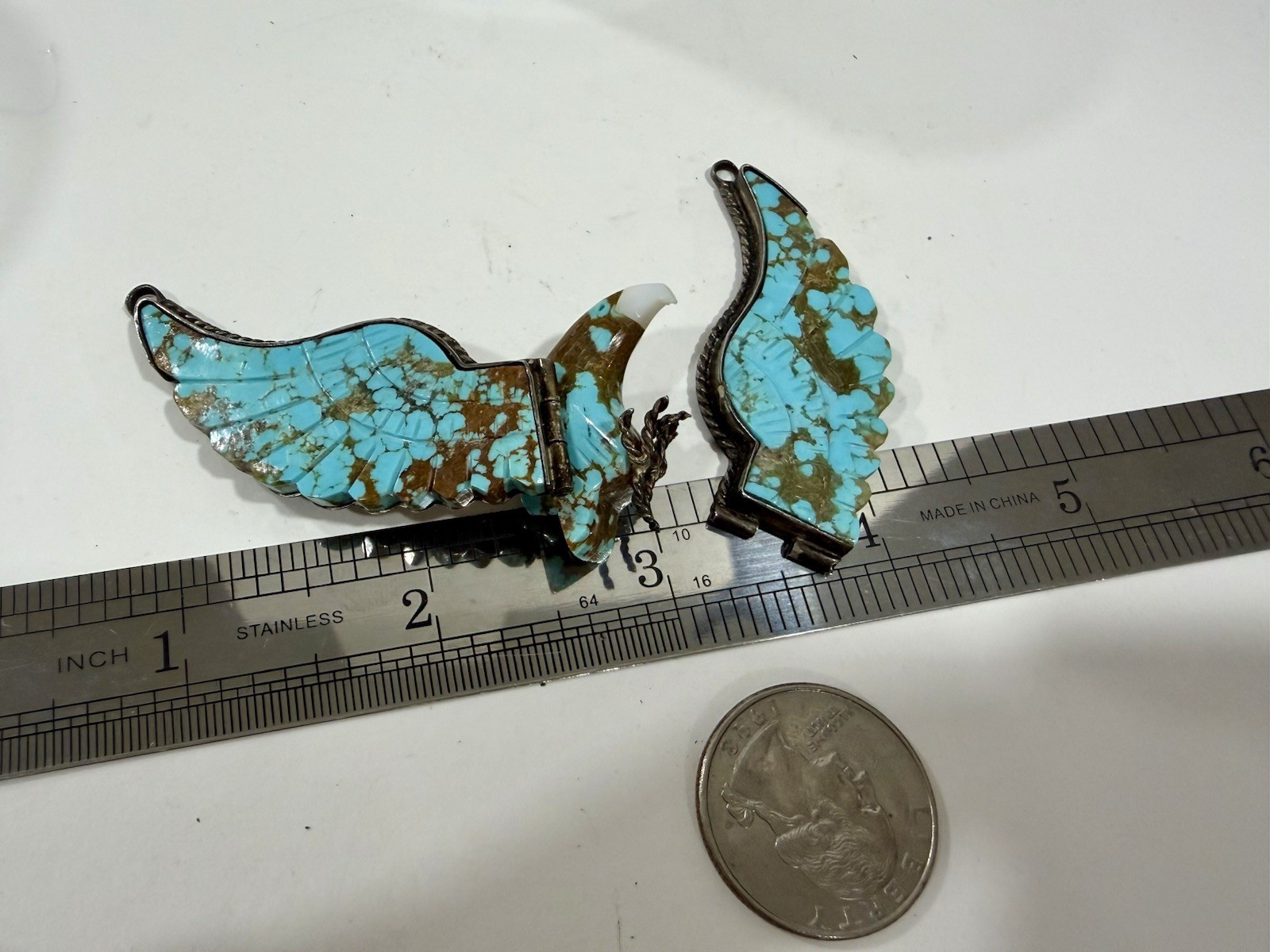 Vintage Native Navajo Carved Turquoise & Silver Large Wing Spread Eagle Pendant