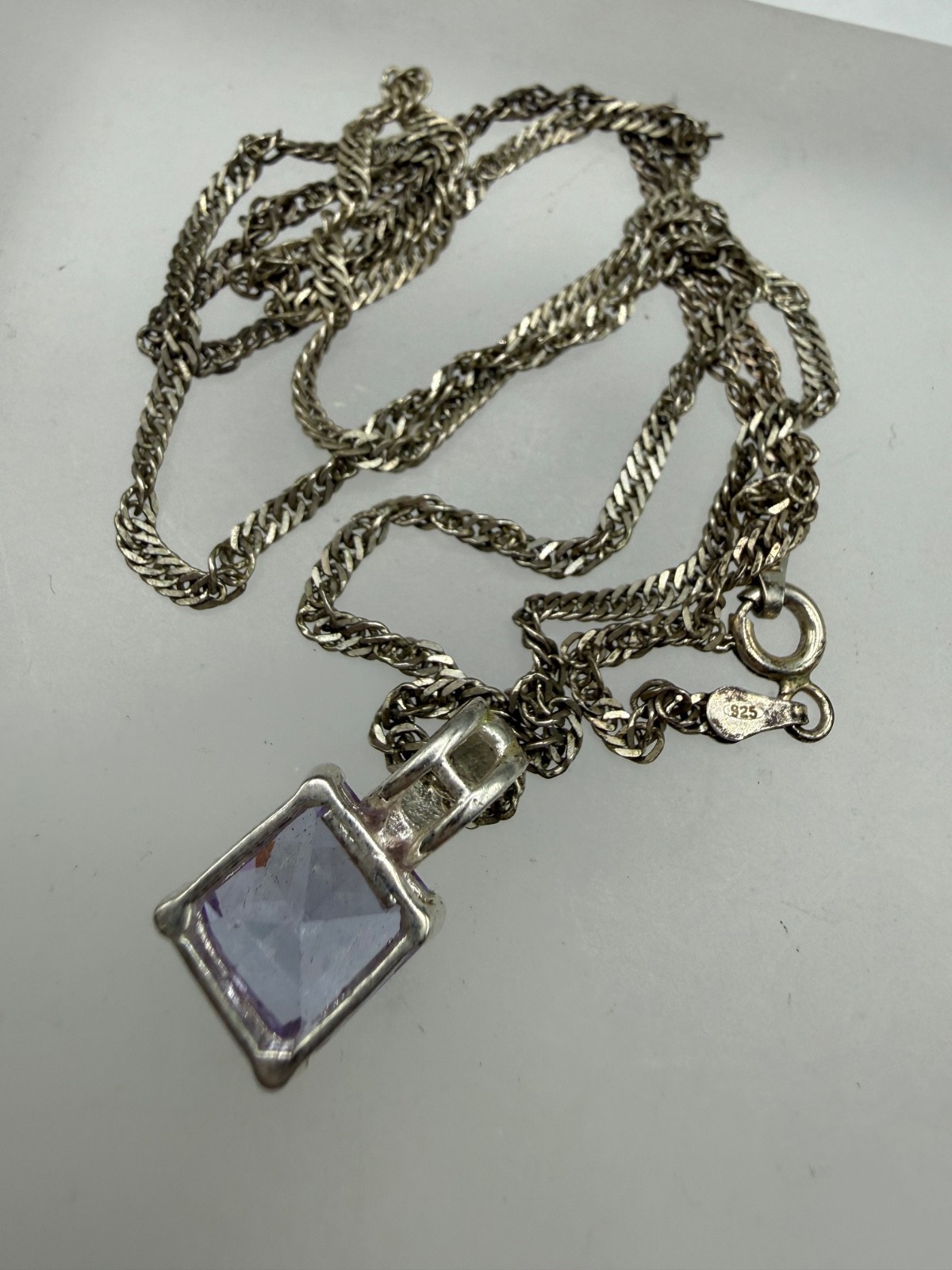VINTAGE STERLING SILVER TWIST CHAIN PASTE AMETHYST PRINCESS CUT PENDANT NECKLACE