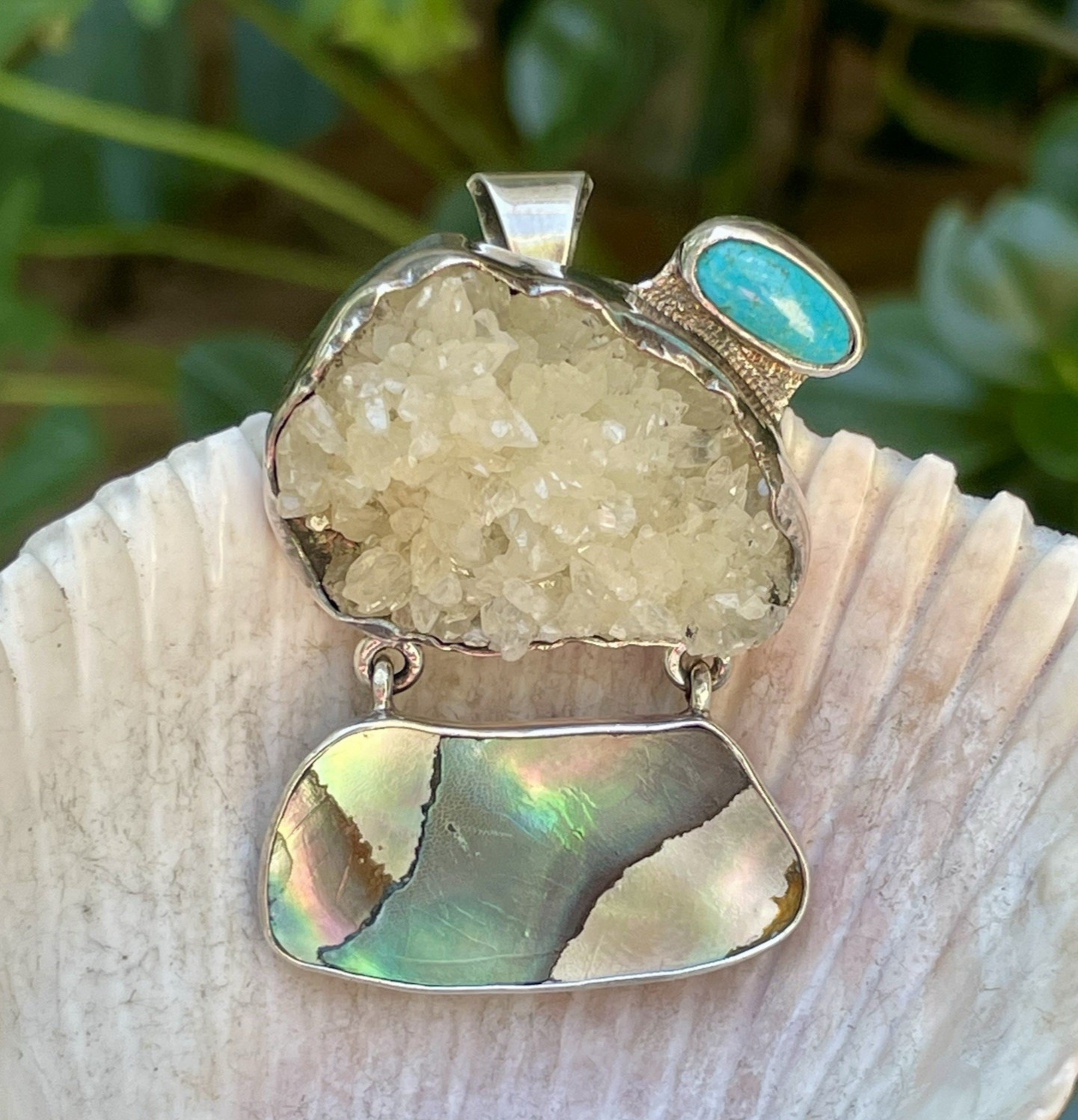 🎥Rock Crystal Rainbow Abalone Turquoise 2″ Pendant Brooch Mex Sterling Silver