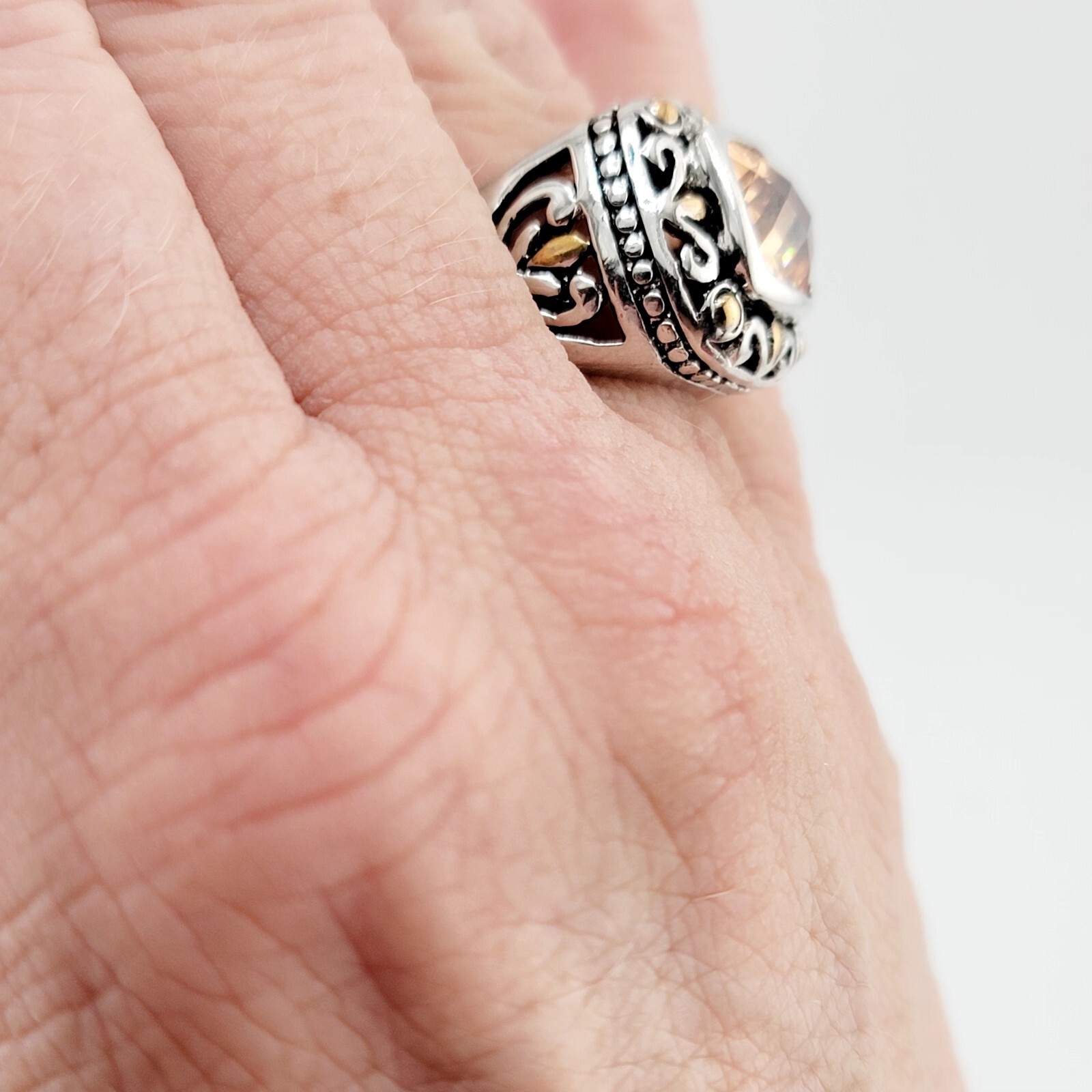 Vtg Ring Sz 6 Citrine Topaz Amber Cubic Zirconia Medieval Jewelry Flower A#04