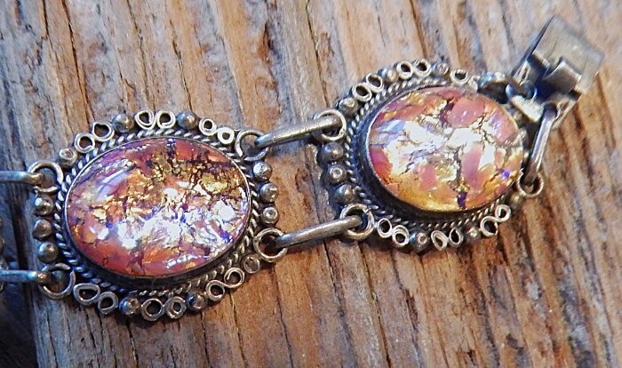Vintage JOY MEX 925 Sterling Silver Dragons Breath Cabochon Link Bracelet K2