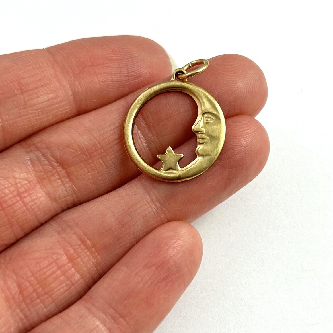 Vintage Charm Pendant Man In Crescent Moon Star Brass Metal Smaller Size
