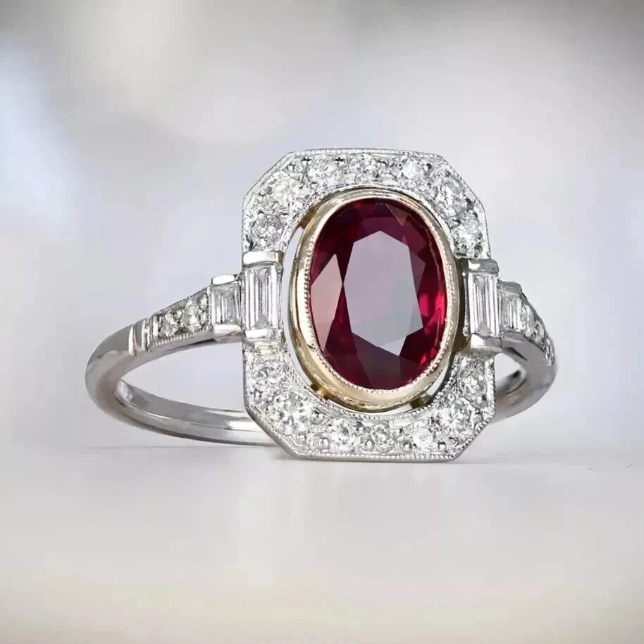 2.50 Ct Art Deco Style Oval Cut Ruby And Lab-Created Diamond Wedding Silver Ring