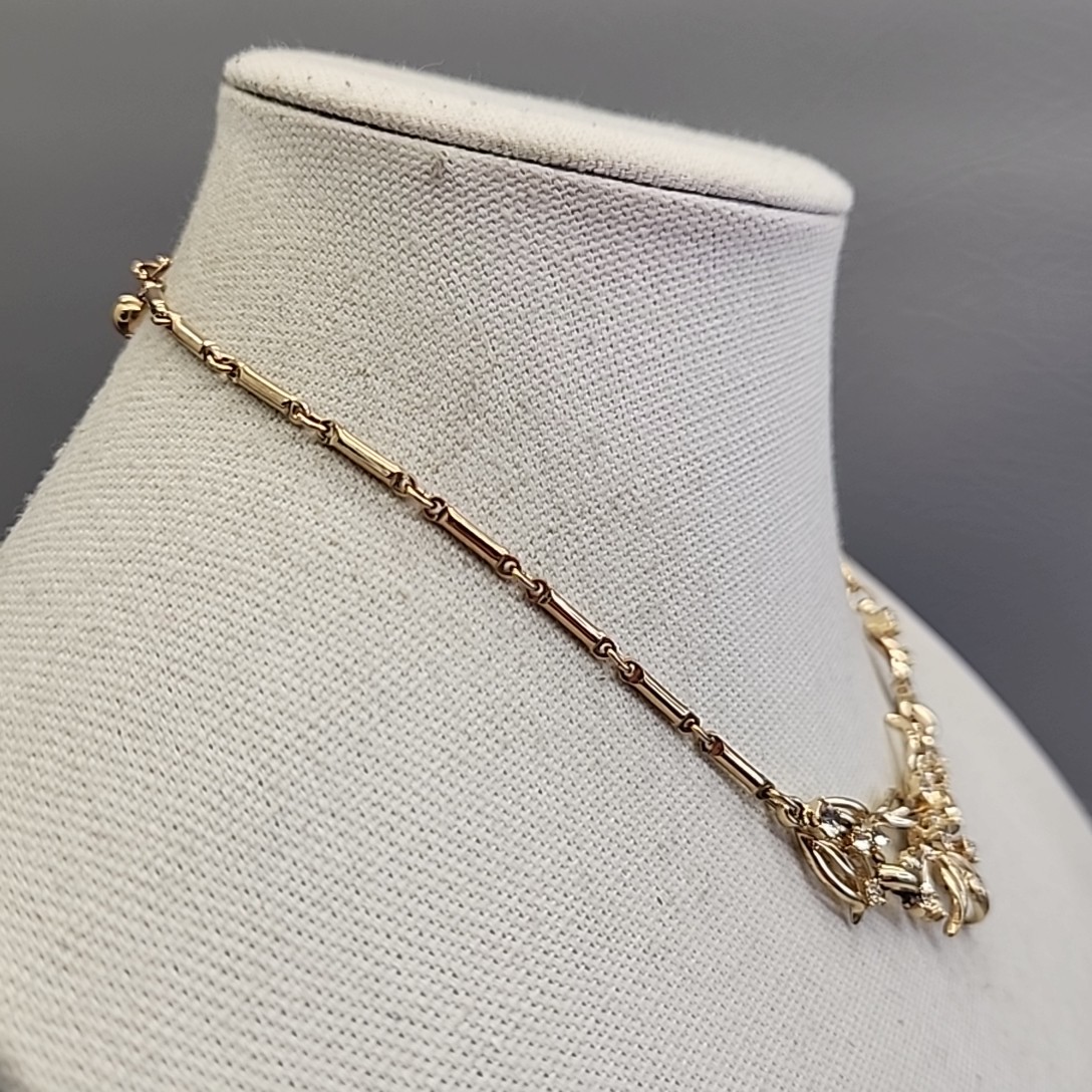 Vintage Flower Necklace Clear Rhinestones Gold Tone Bar Link Chain 17″