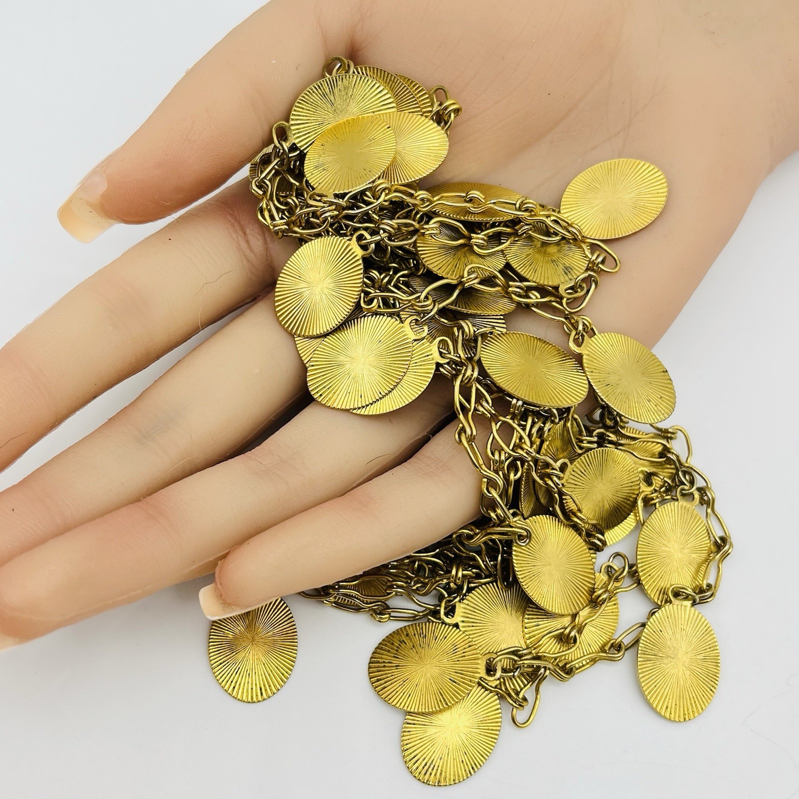Vintage Coin Link Necklace Gold Tone Etruscan Revival Flapper Opera Length 52″