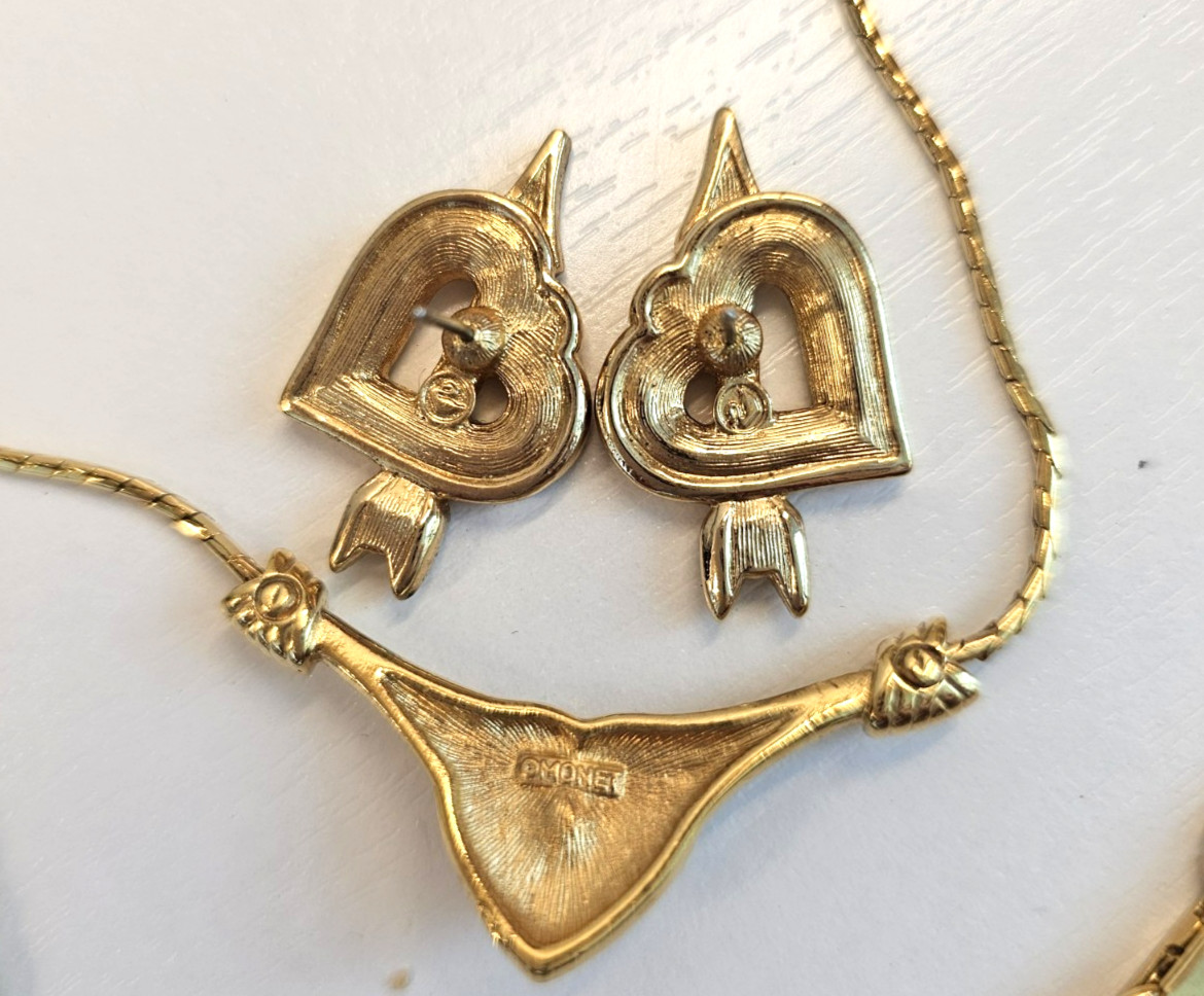 Signed Monet Red Heart Necklace Vintage Gold Tone Rhinestone Jewelry Lot Earring