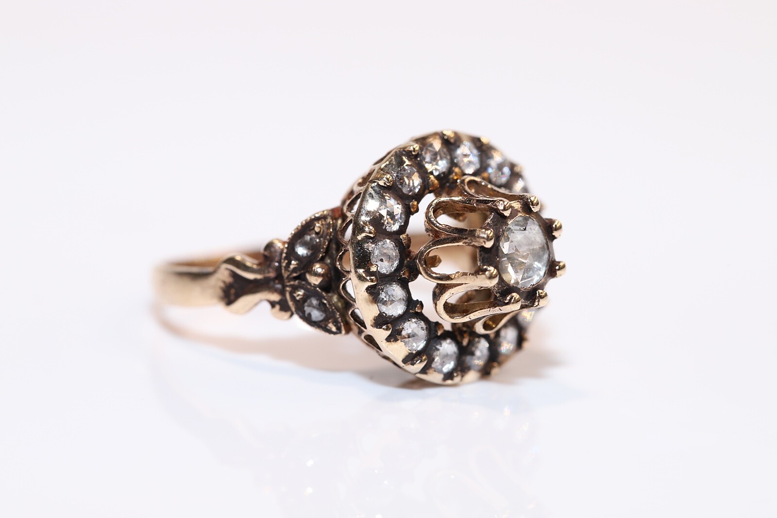 Vintage Circa 1980s 8k Gold Natural Rose Cut Diamond Decorated Ring