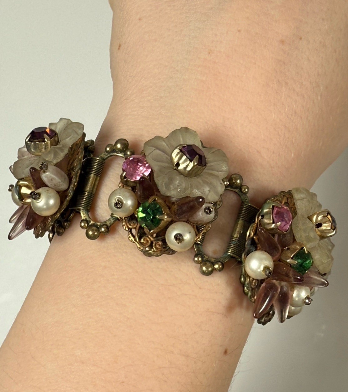 Antique Flower Glass Beaded Rhinestone Panel Bracelet 7″ Chunky 3D Book Chain