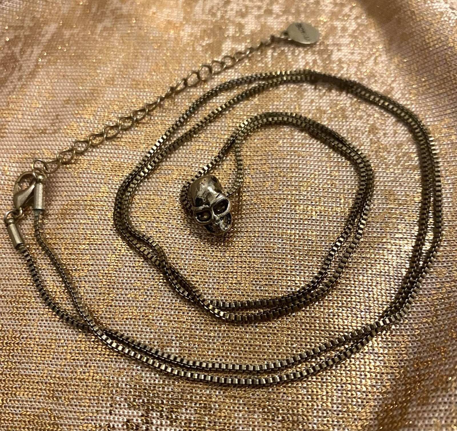 Vintage Vivace Skull Charm Necklace 32.5-35.5” Silver Tone Goth Designer Jewelry
