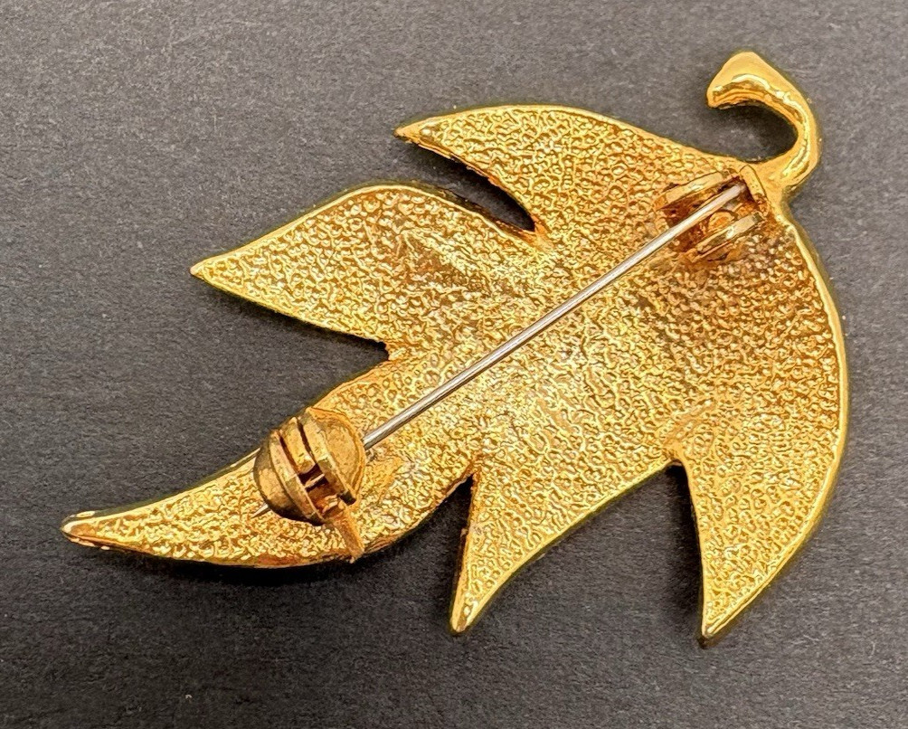 Vintage Pink & Cream Enamel Leaf Spray Brooch Gold Tone Edges Nature Glam