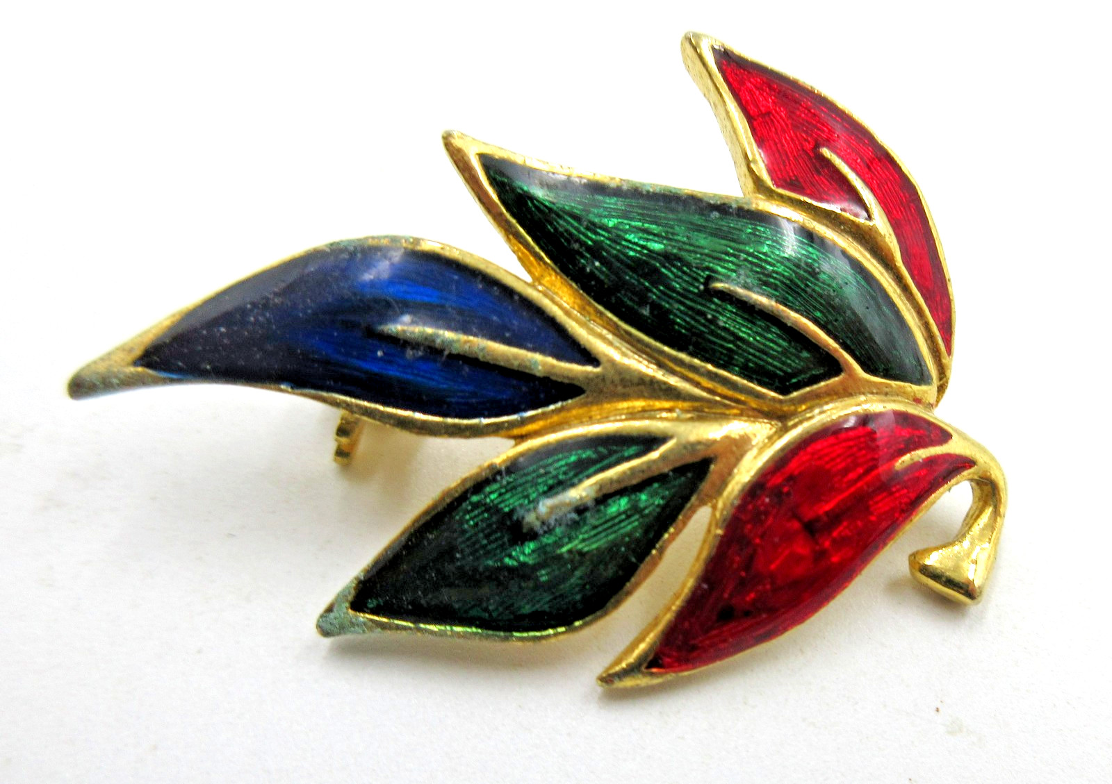 VTG 1.5″ ENAMEL LEAF Brooch Pin blue green red gold tone metal costume jewelry