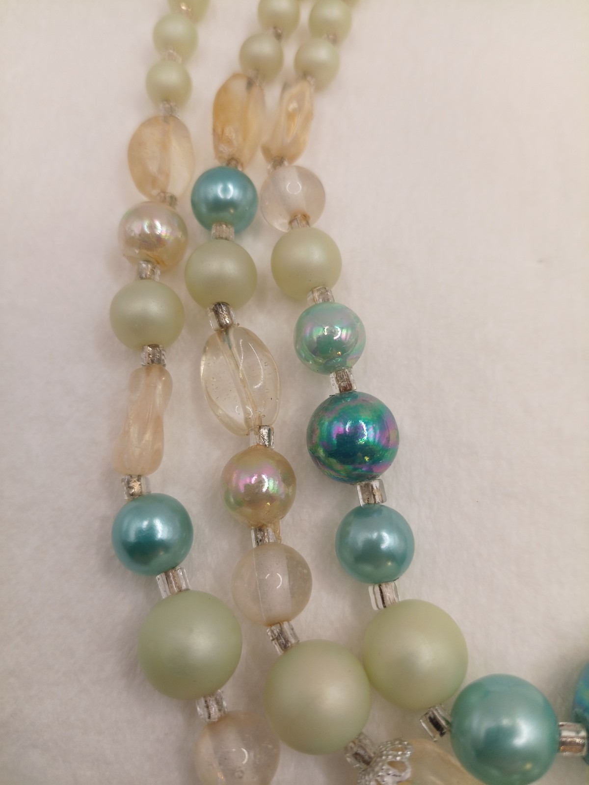 VNTG Japan Shades Of Blue Beaded 3strand Necklace And Matching Clip Earrings