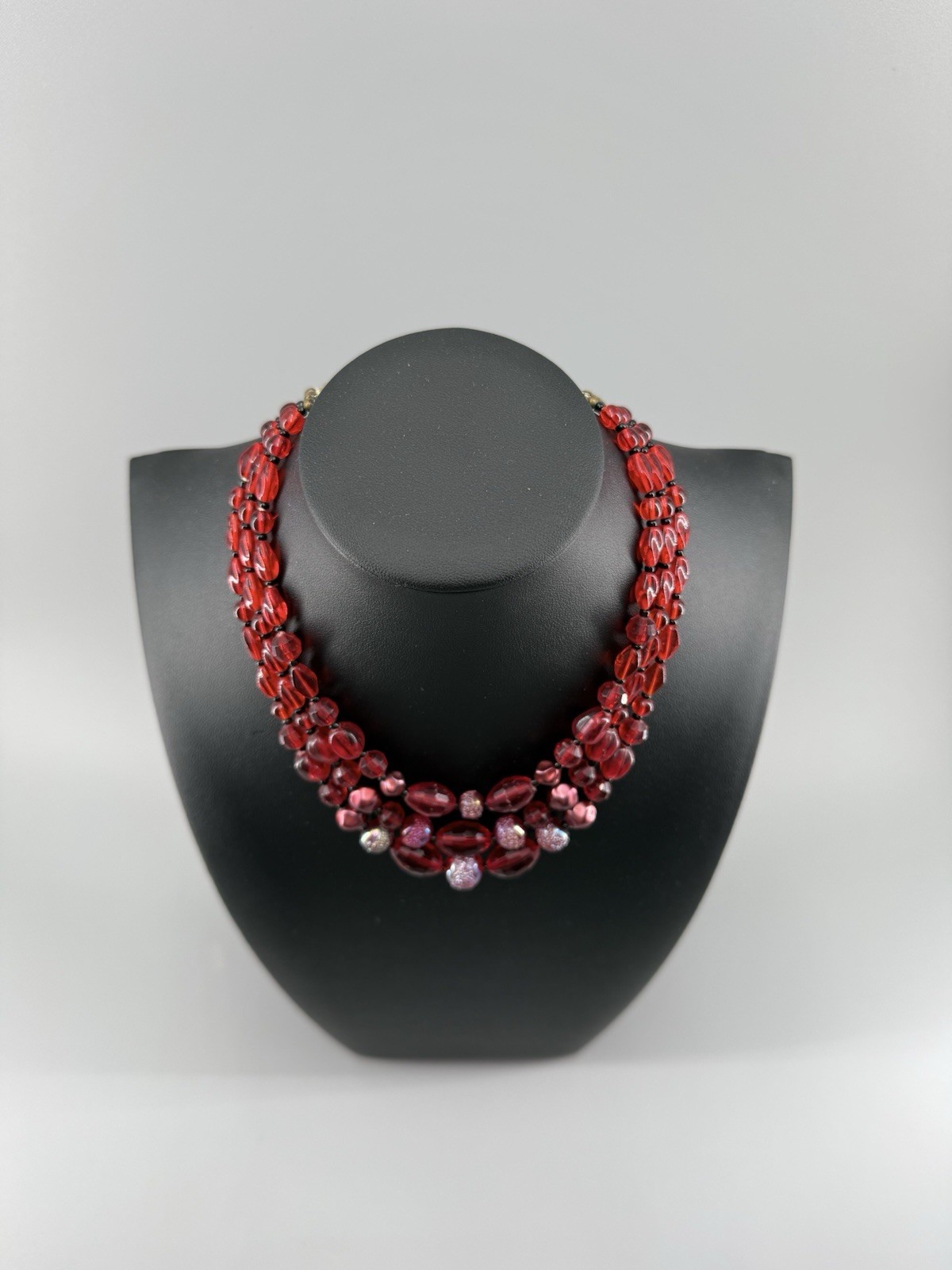 Vintage West Germany Ruby Red Glass Bead 3 Strand Necklace Art Glass Accent