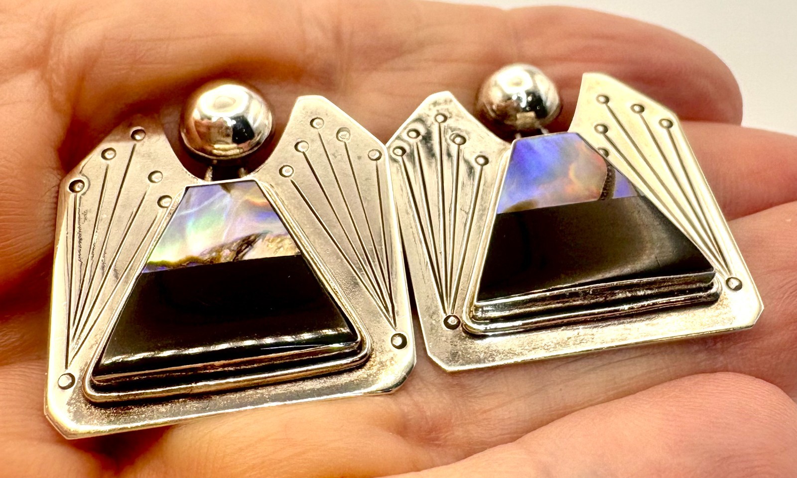 Sterling Silver 925 Black Onyx Abalone MOP Shell Angel Figure Vintage Earrings