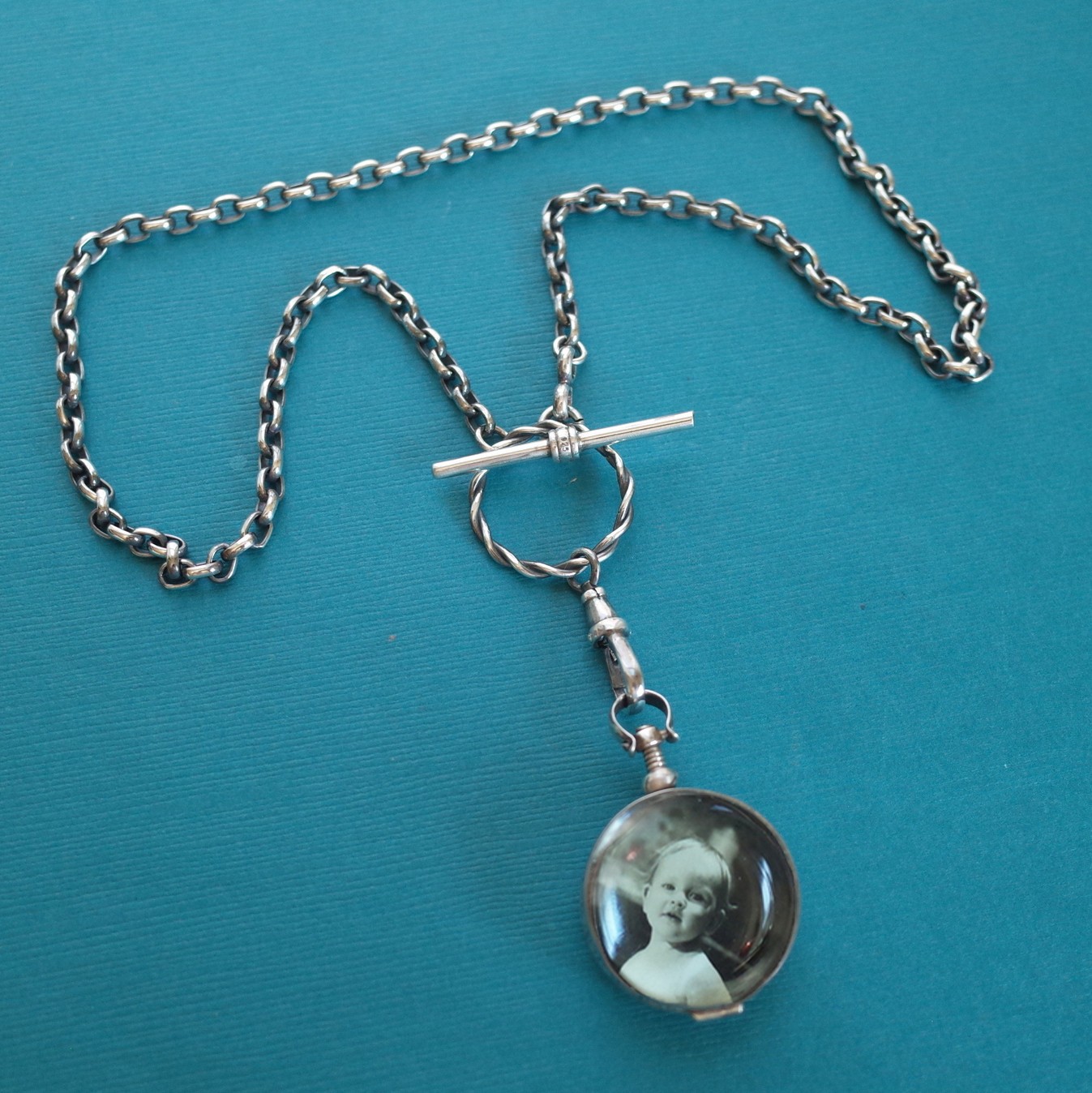 Sterling Silver Heavy Rolo Chain Glass Locket Watch Swivel T Bar Toggle Closure