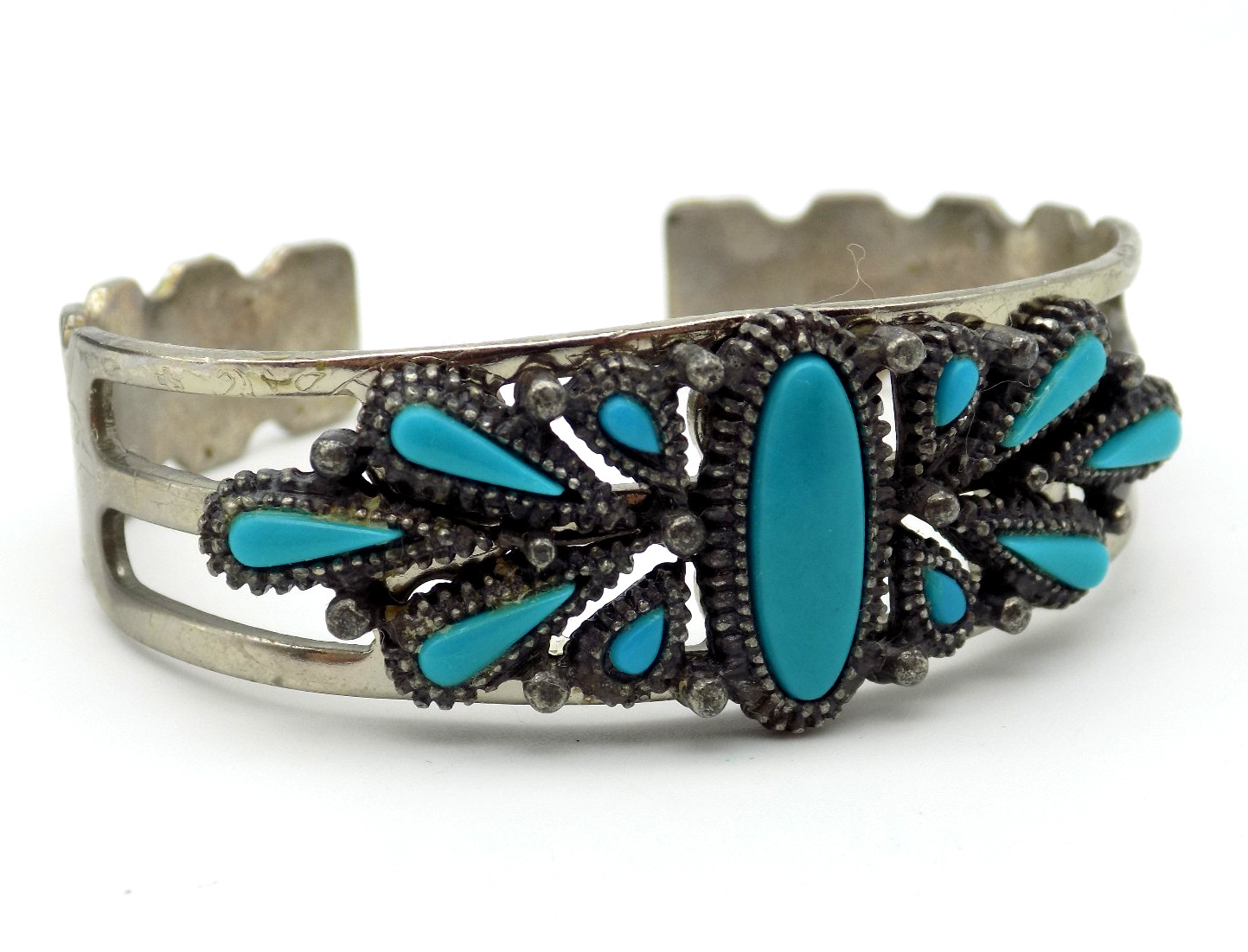 Vintage Faux Turquoise South Western Cuff Bracelet Silver Tone Etched