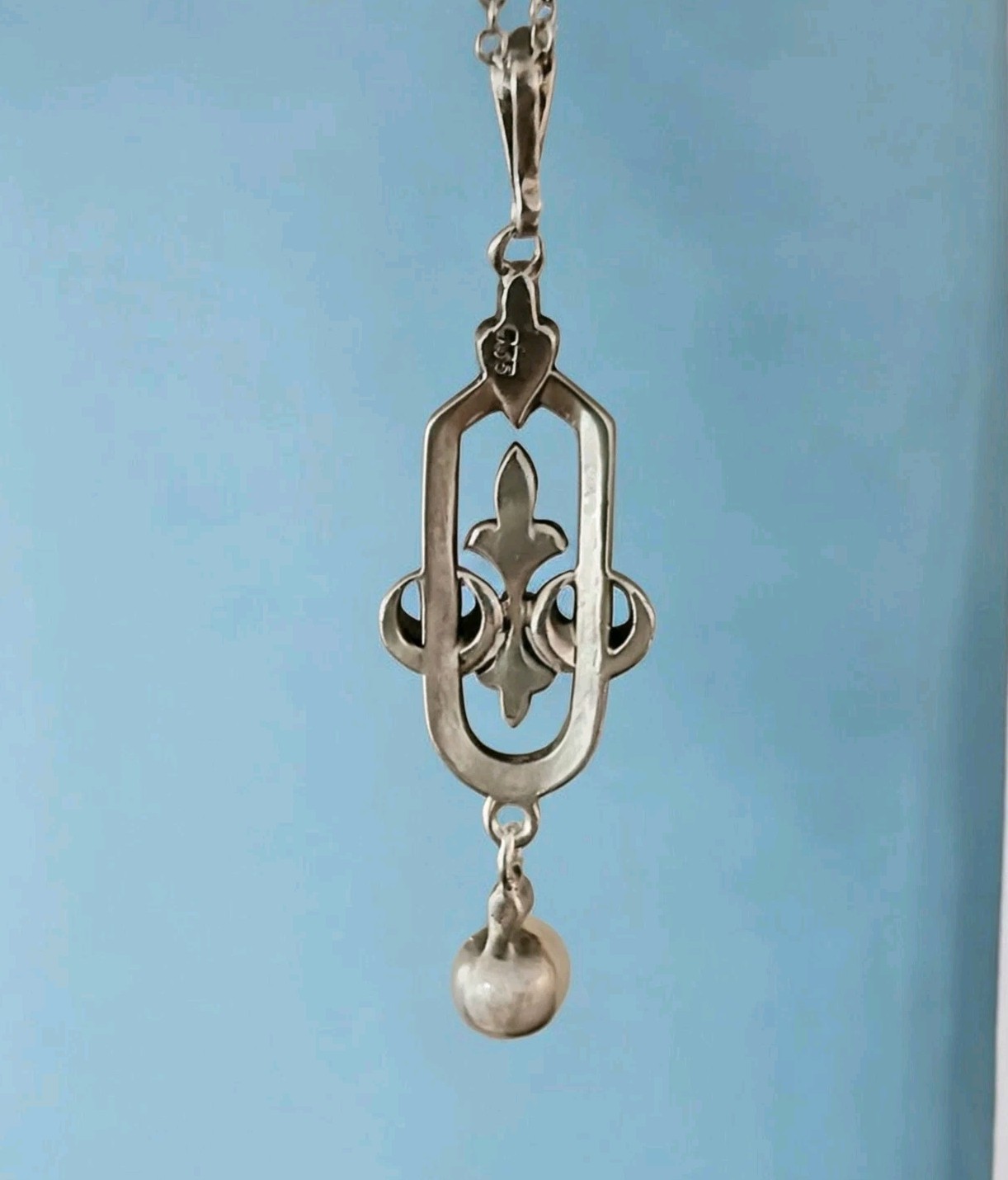 Antique Art Deco 935 Silver Marcasite & Pearl Pendant Necklace 18″, Pristine