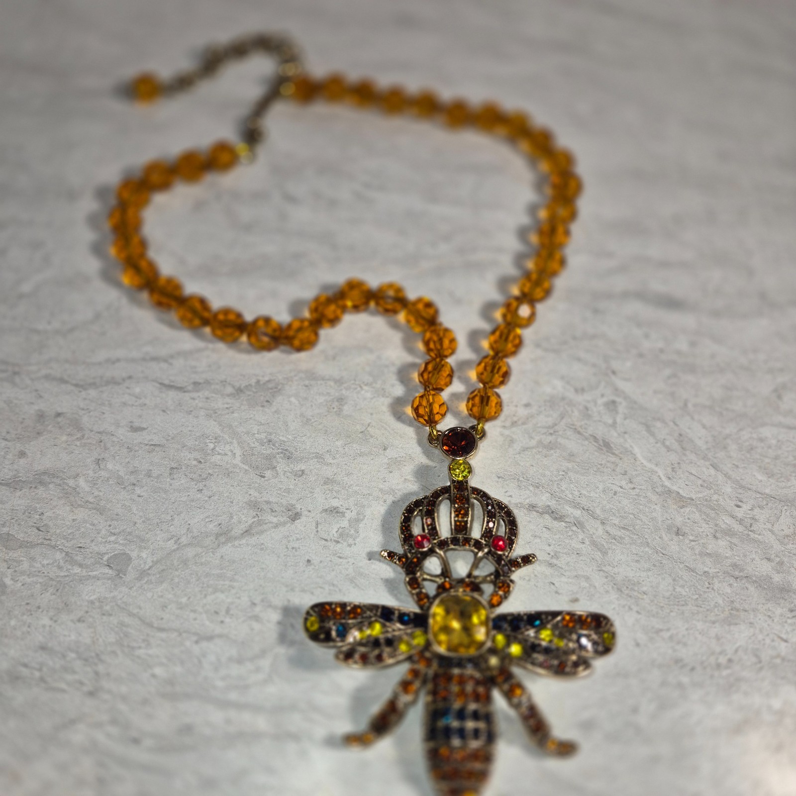 Vintage Inspired Art Deco Style Enamel Crystal Queen Bee Brooch with Glass Beads