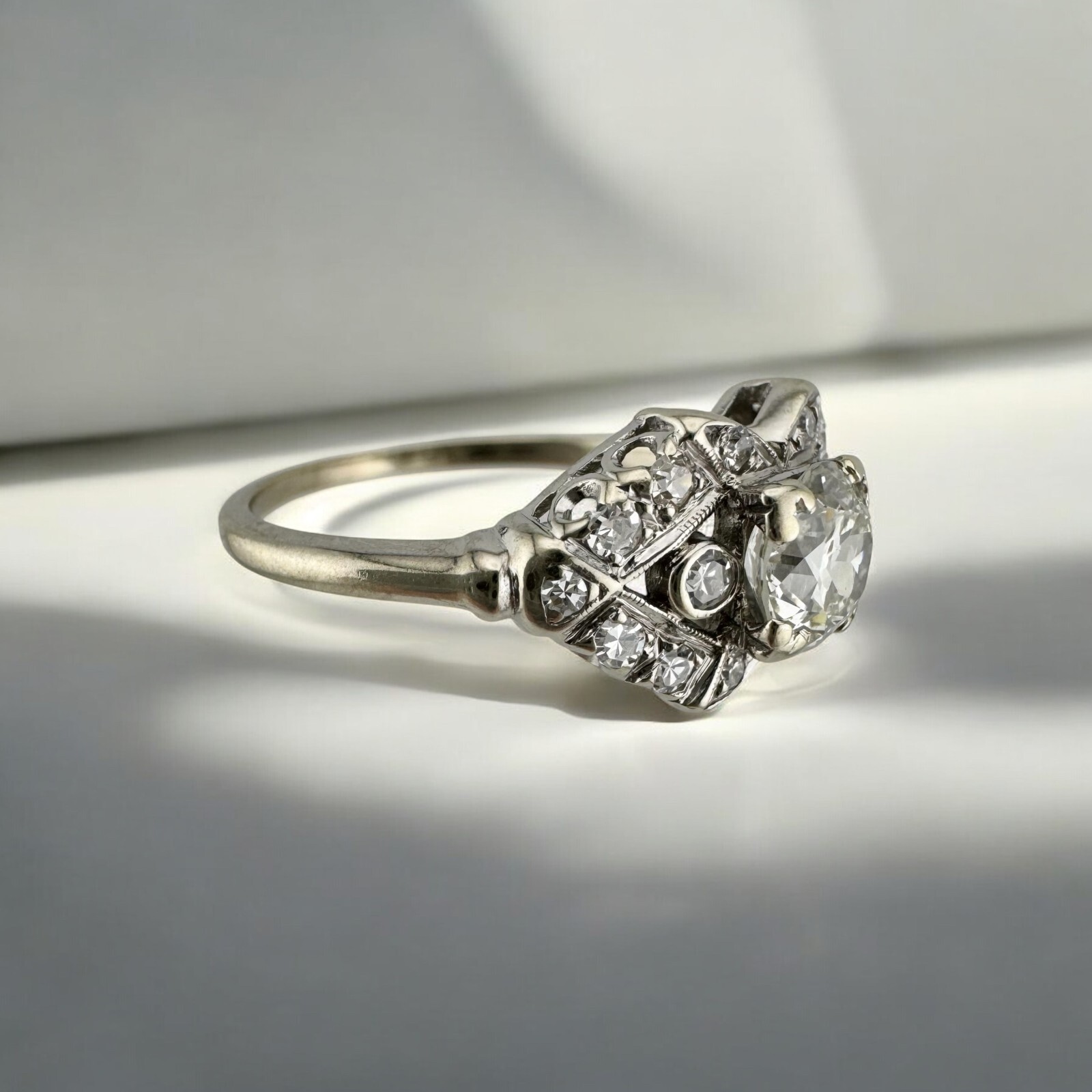 Vintage Art Deco Era 14K White Gold Old European Cut Diamond Ring 0.76ct Center