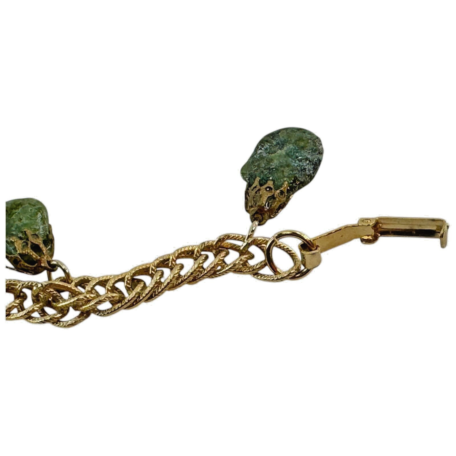 Vintage Epidote Polished Jadeite Stone Womens Chain Bracelet Green Gold Tone