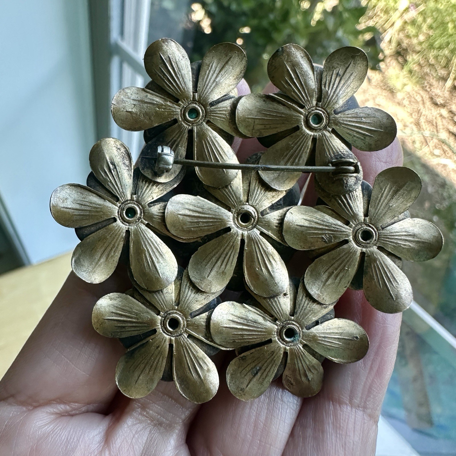 Vintage Flowers Brooch 2.4 Inch Green Crystal Multi Layered Antique Gold MCM
