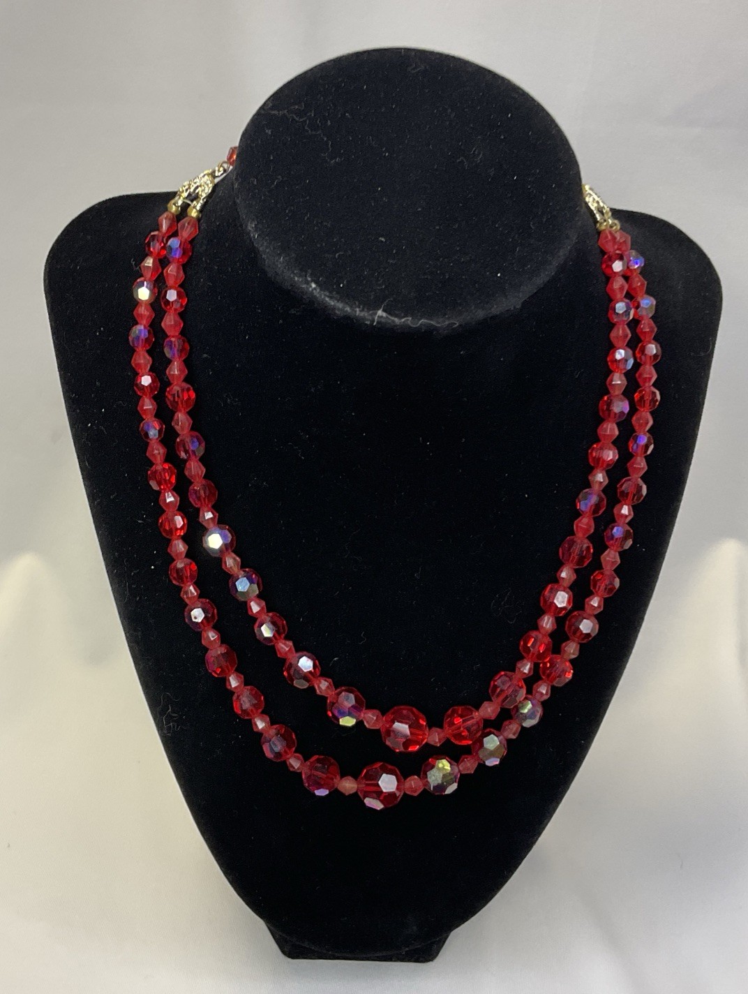 VTG 2-strand iridescent AB red crystal beaded graduated choker necklace