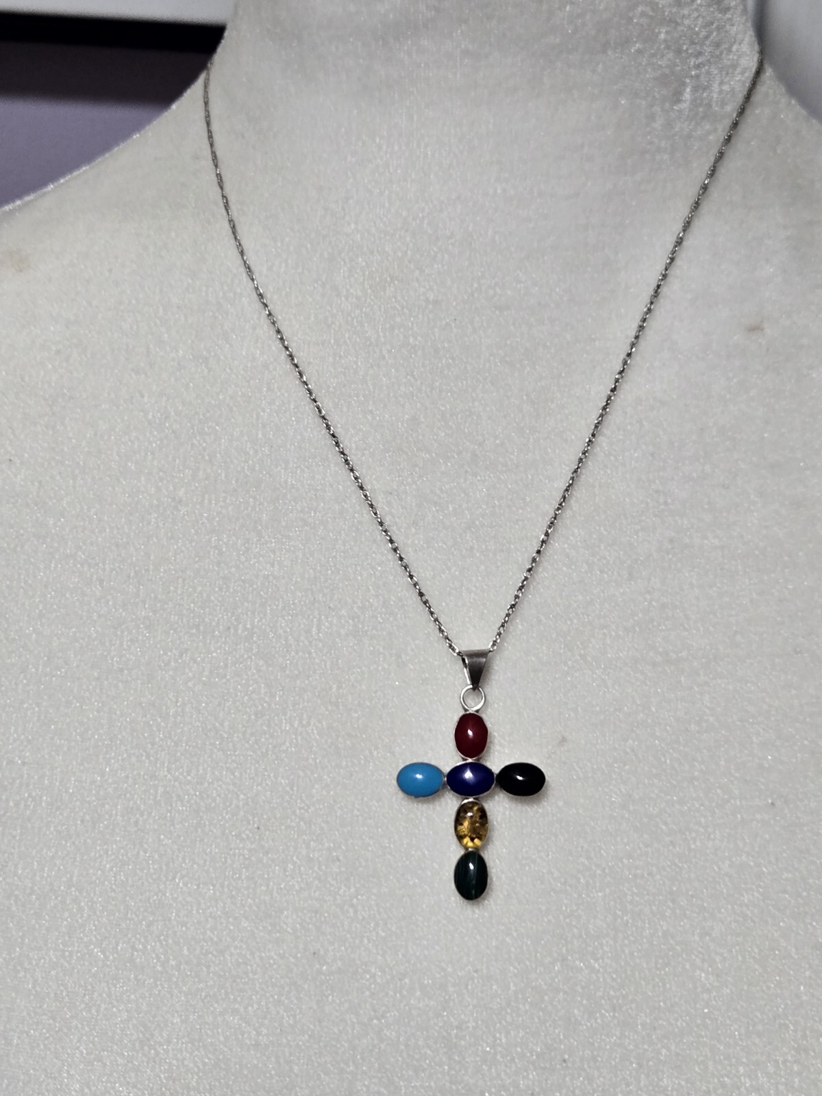 Signed stamped 925 Mexico sterling silver multicolor cabochons stones necklace