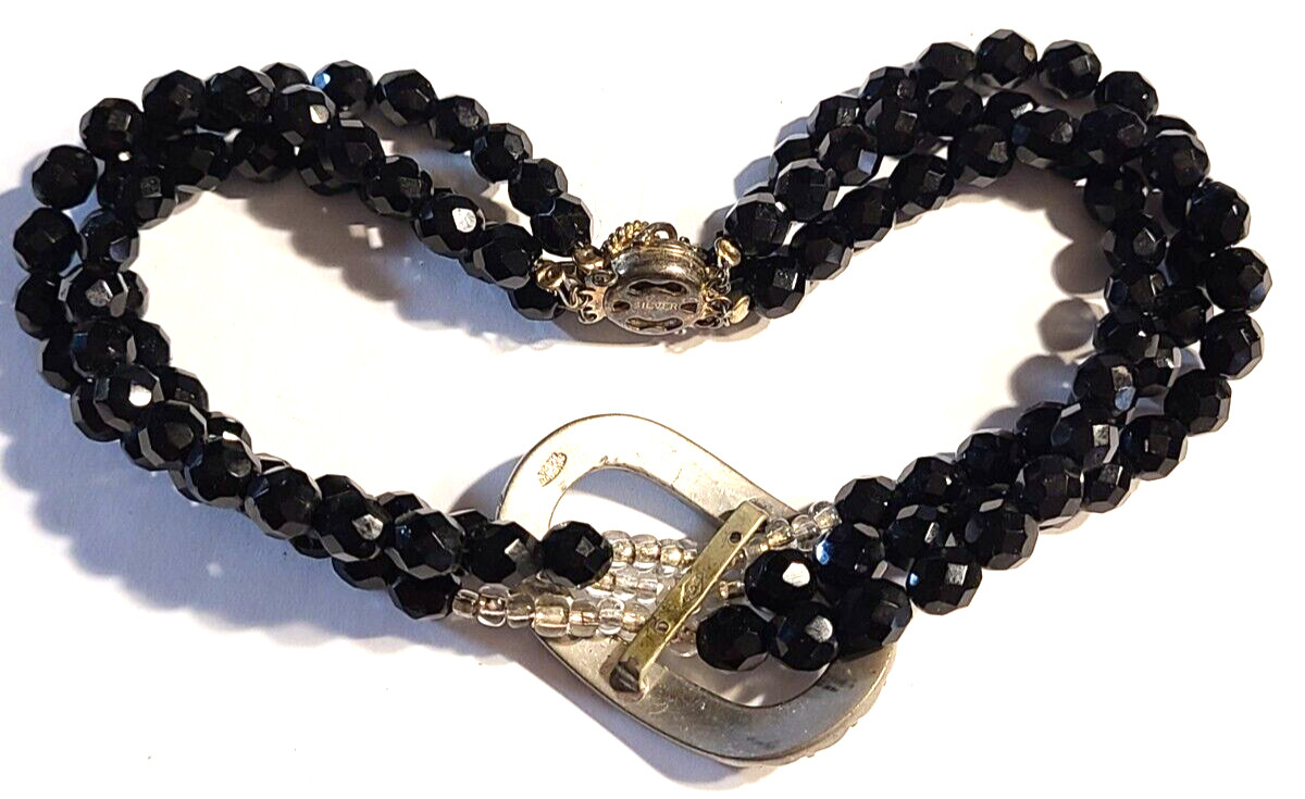 VINTAGE STUNNING 3 STRAND BLACK FACETED GLASS SIGNED SILVERITE NECKLACE