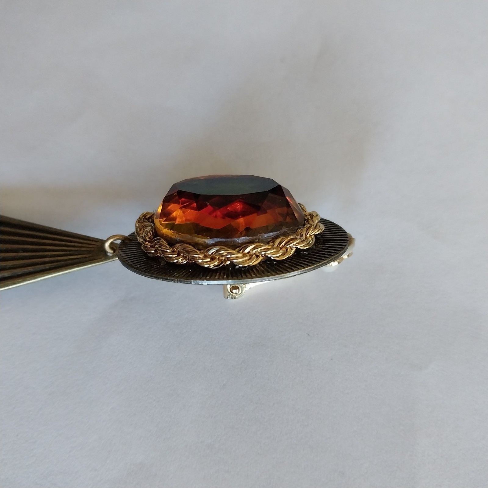 Vtg Bronze Tone Clip On Earrings Chain Multicolor Cabochon Fan Design Tassel 3″