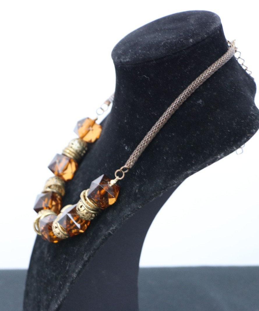 Vintage 80s Amber Lucite & Gold Filigree Beaded Statement Necklace Mesh Chain