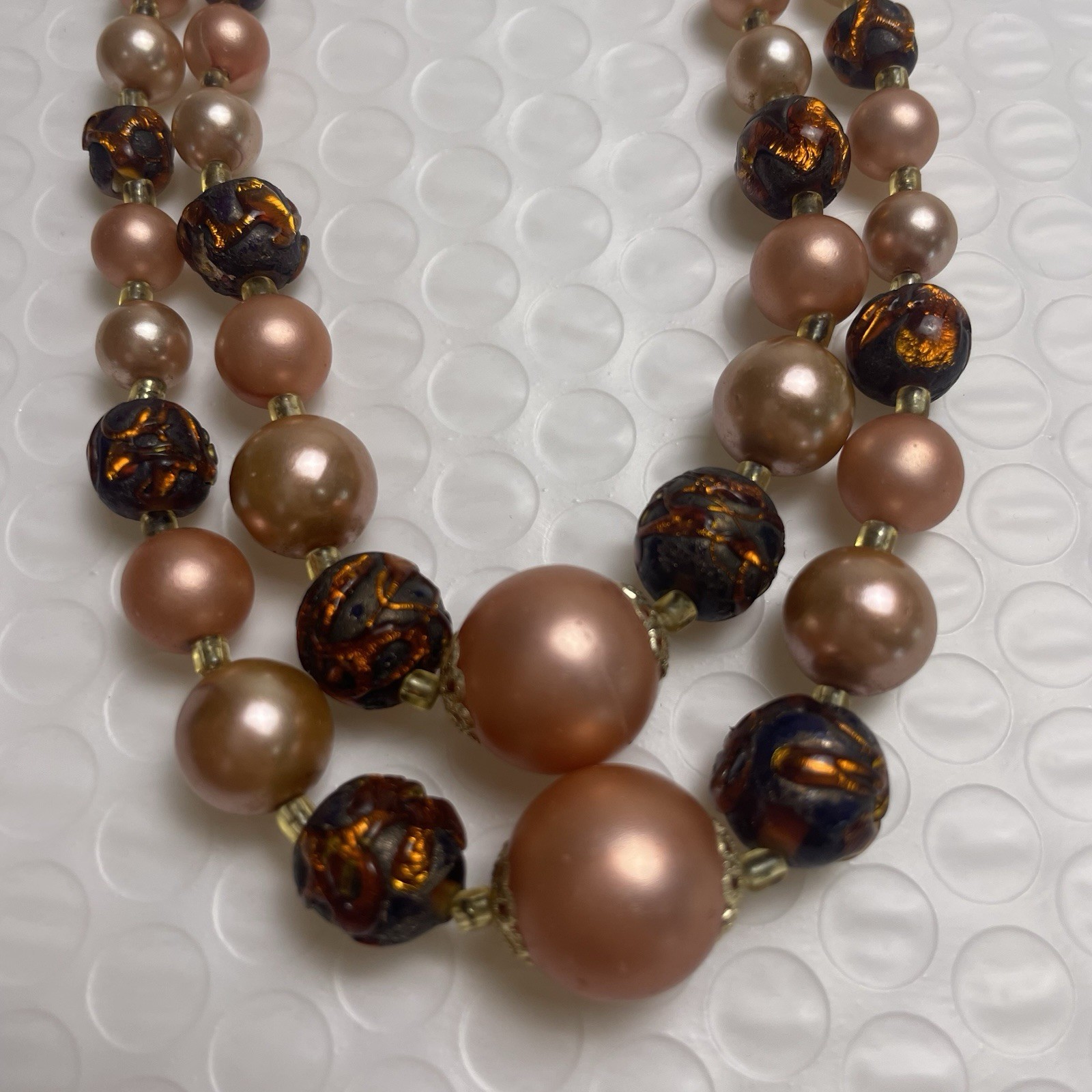 VTG Peach Brown Gold Double Strand Necklace Made In Japan Adjustable