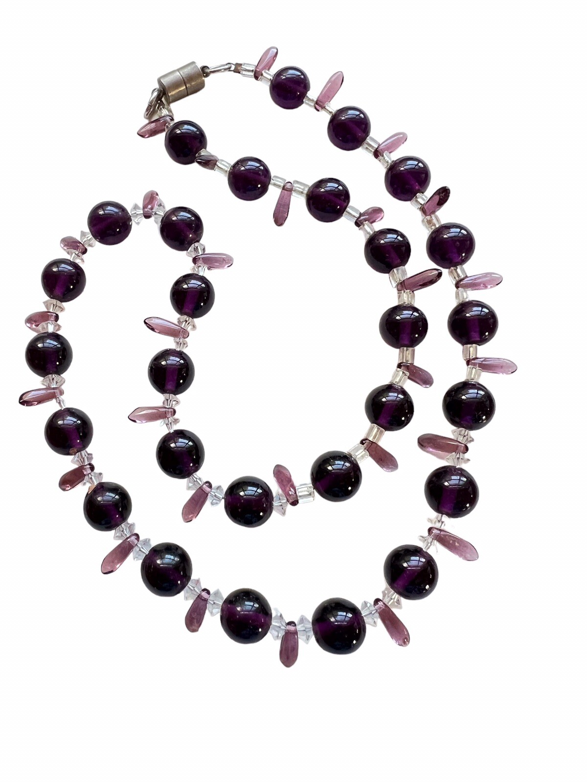 Vintage Amethyst Glass Bead Necklace Crystal Spacers Points Slver Tone Clasp B7