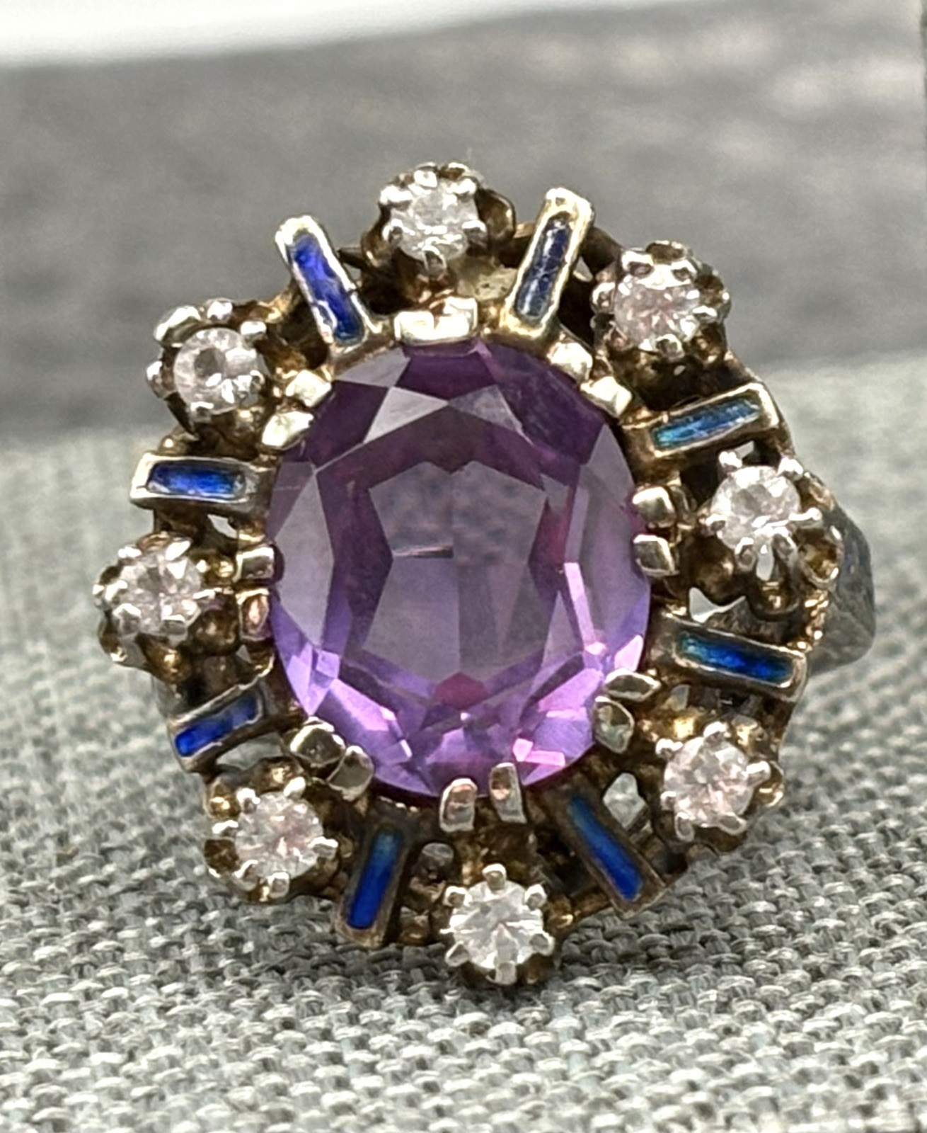 Vintage Huge Purple Sapphire Sterling Silver Blue Enamel Cocktail Ring Size 5.5