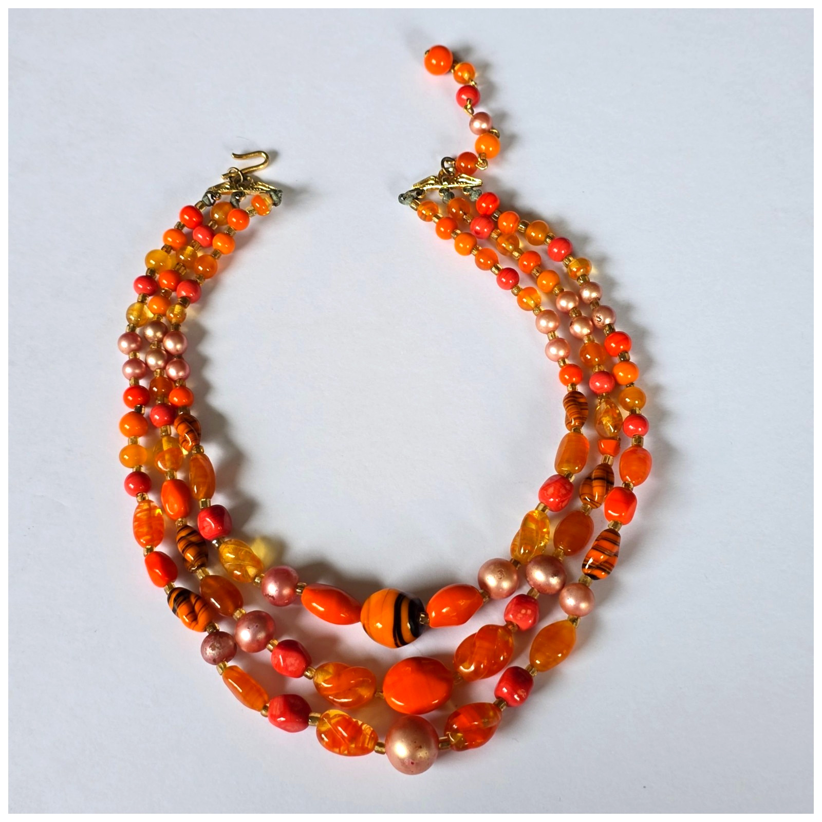 Vintage Japan 3 Multi-Strand Beaded Necklace Orange Pink Art Glass Beads