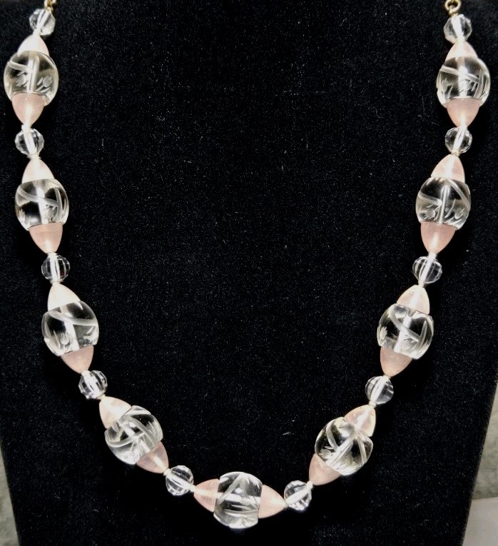 Rare Vintage Necklace Carved Rock Crystal & Pink Quartz 14K Floral Tulip Etched
