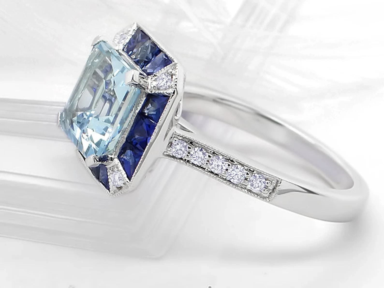 Art-Deco Style Lab Created Aquamarine Sapphire Engagement 14K White Gold FN Ring