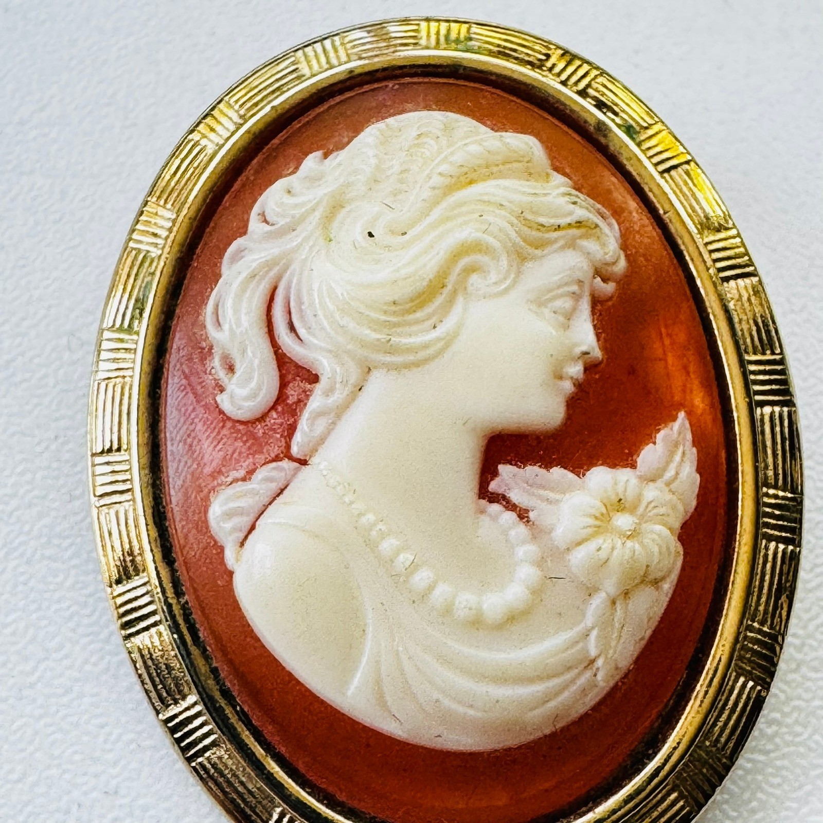 Vintage Oval Cameo Brooch Gold Tone Etched Frame Orange Cream Lady Portrait Pin